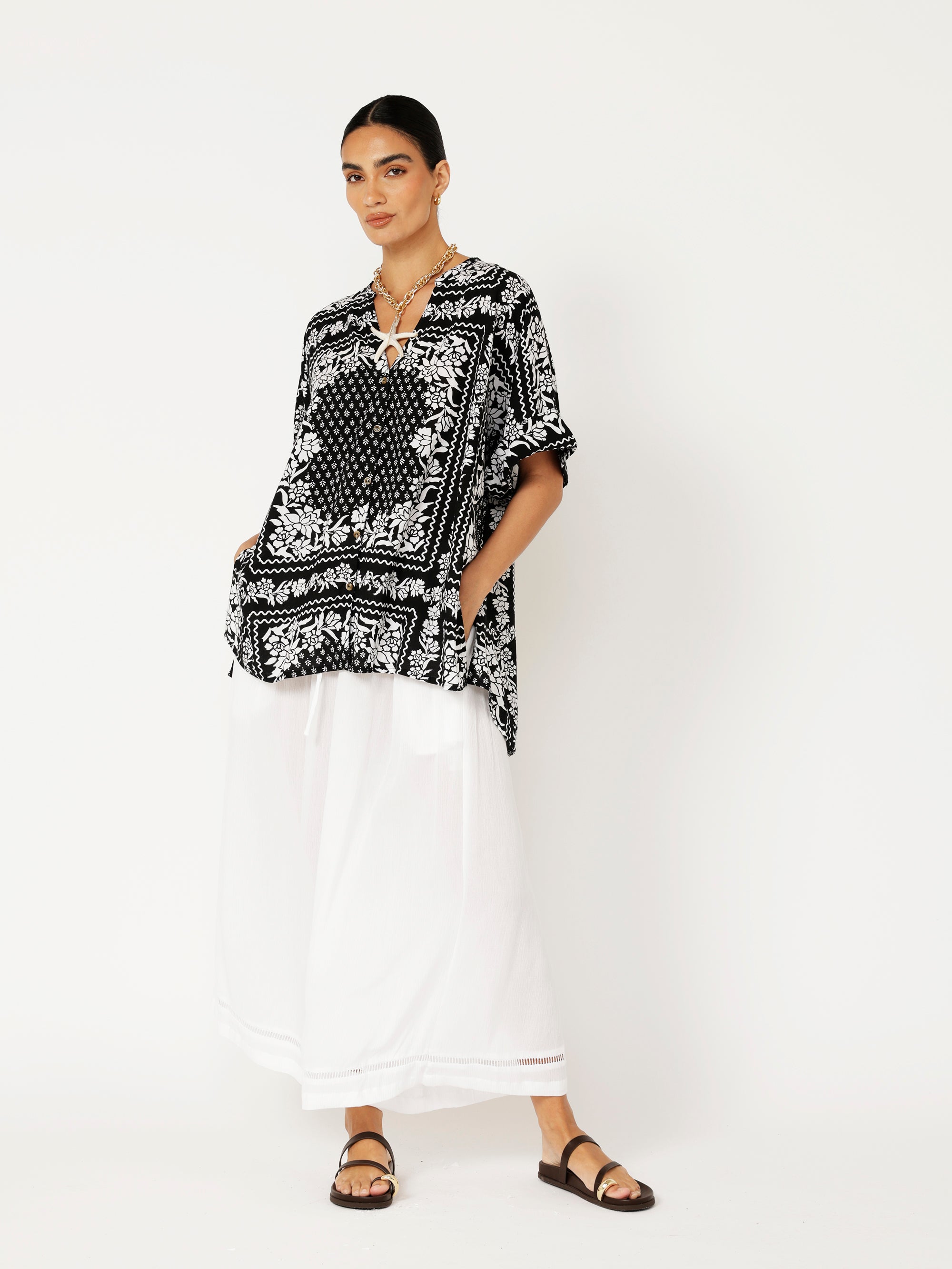 Madison Shirt | Black and White Heritage Floral - Saffron Road