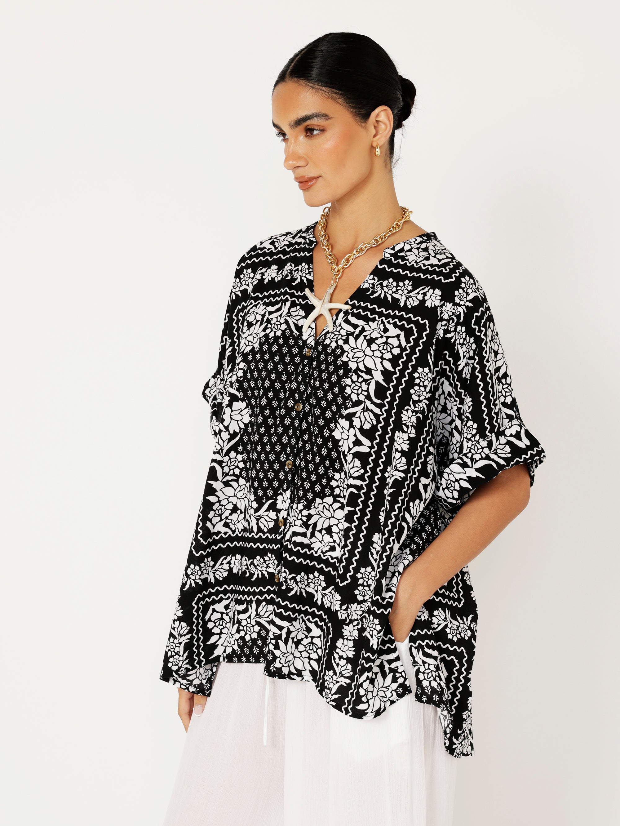 Madison Shirt | Black and White Heritage Floral - Saffron Road