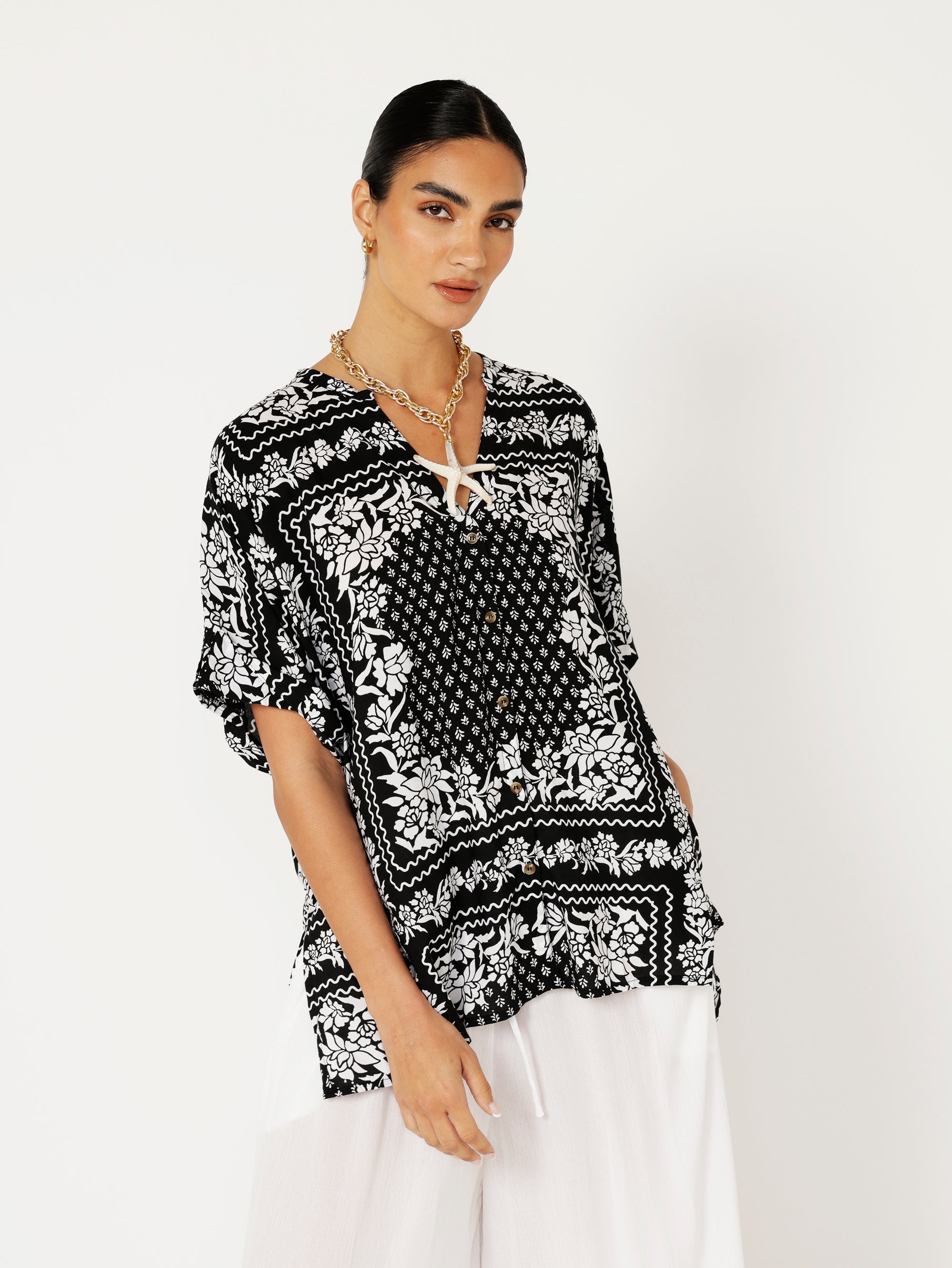 Madison Shirt | Black and White Heritage Floral - Saffron Road