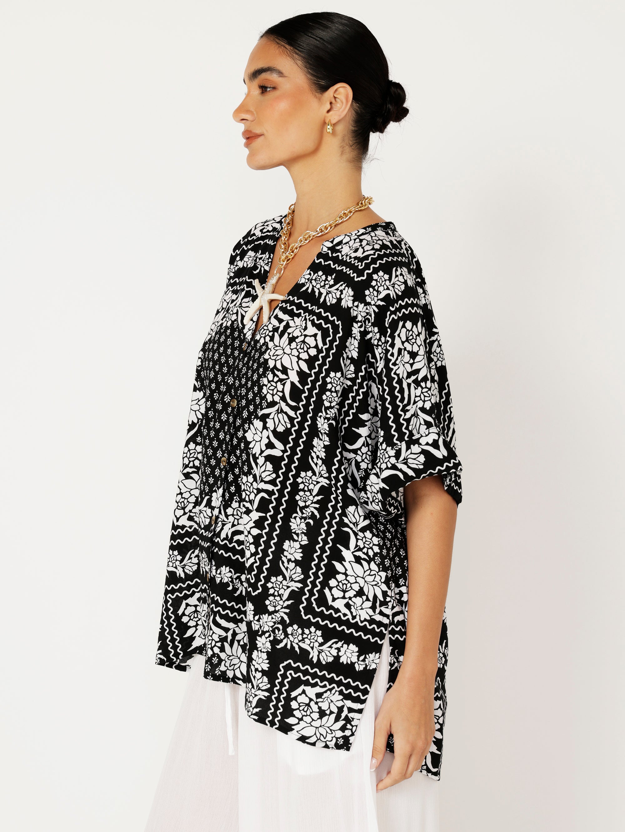 Madison Shirt | Black and White Heritage Floral - Saffron Road