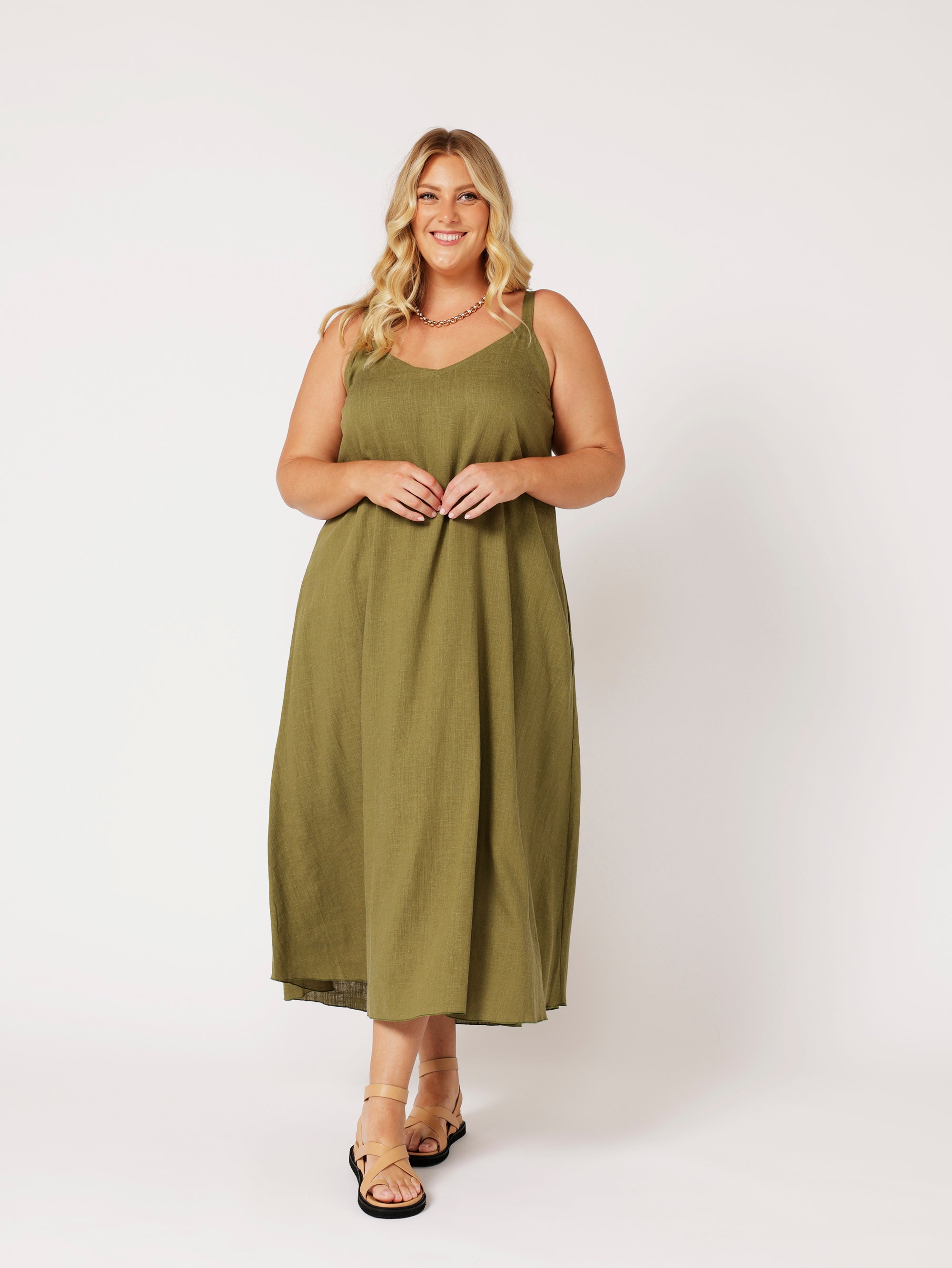 A-line Slip Dress | Olive | Viscose Linen - Saffron Road