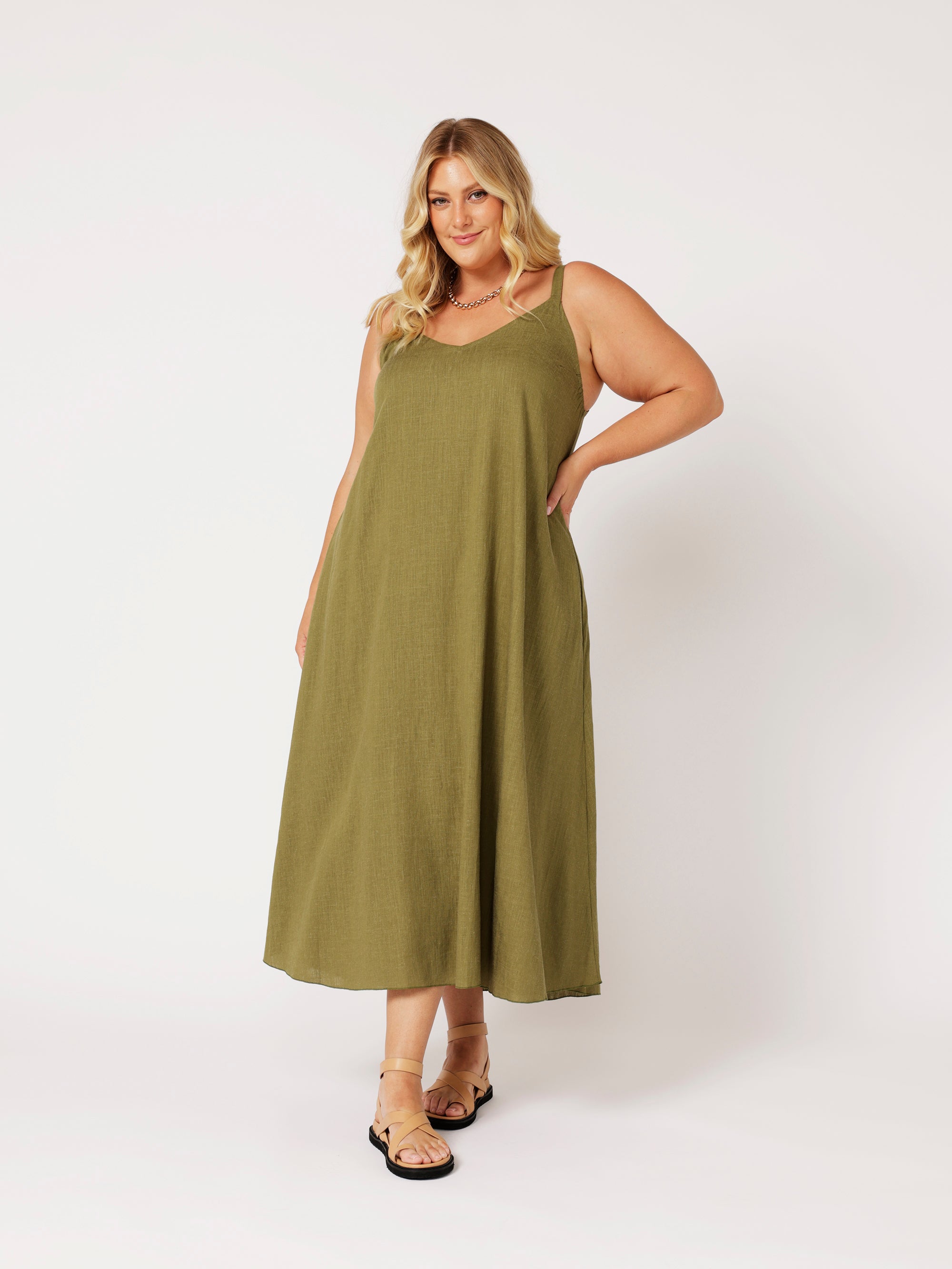 A-line Slip Dress | Olive | Viscose Linen - Saffron Road