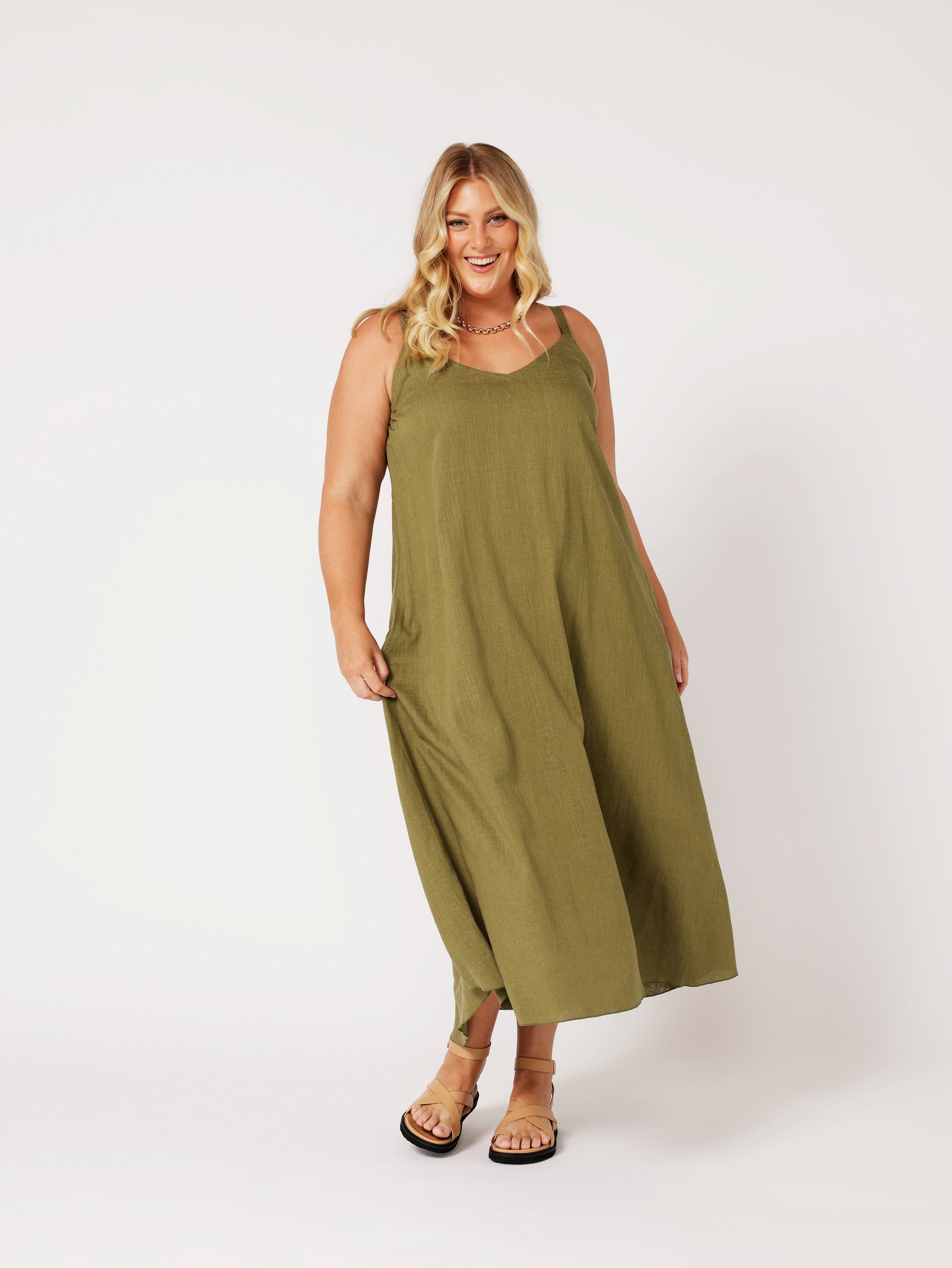 A-line Slip Dress | Olive | Viscose Linen - Saffron Road