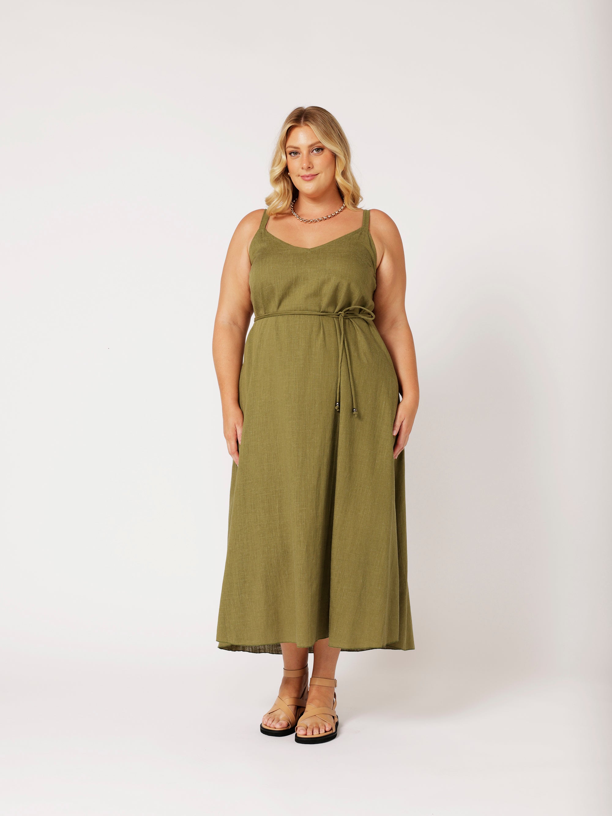 A-line Slip Dress | Olive | Viscose Linen - Saffron Road