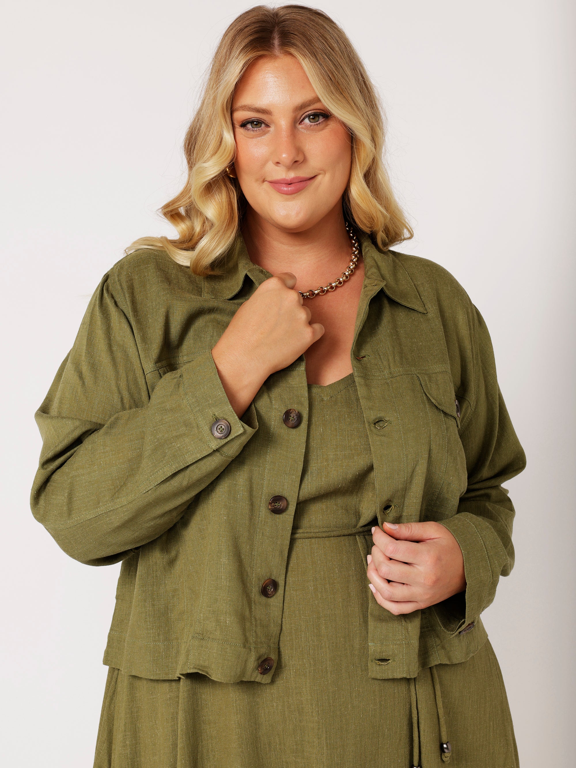 Vegas Jacket CROPPED | Olive | Viscose Linen - Saffron Road