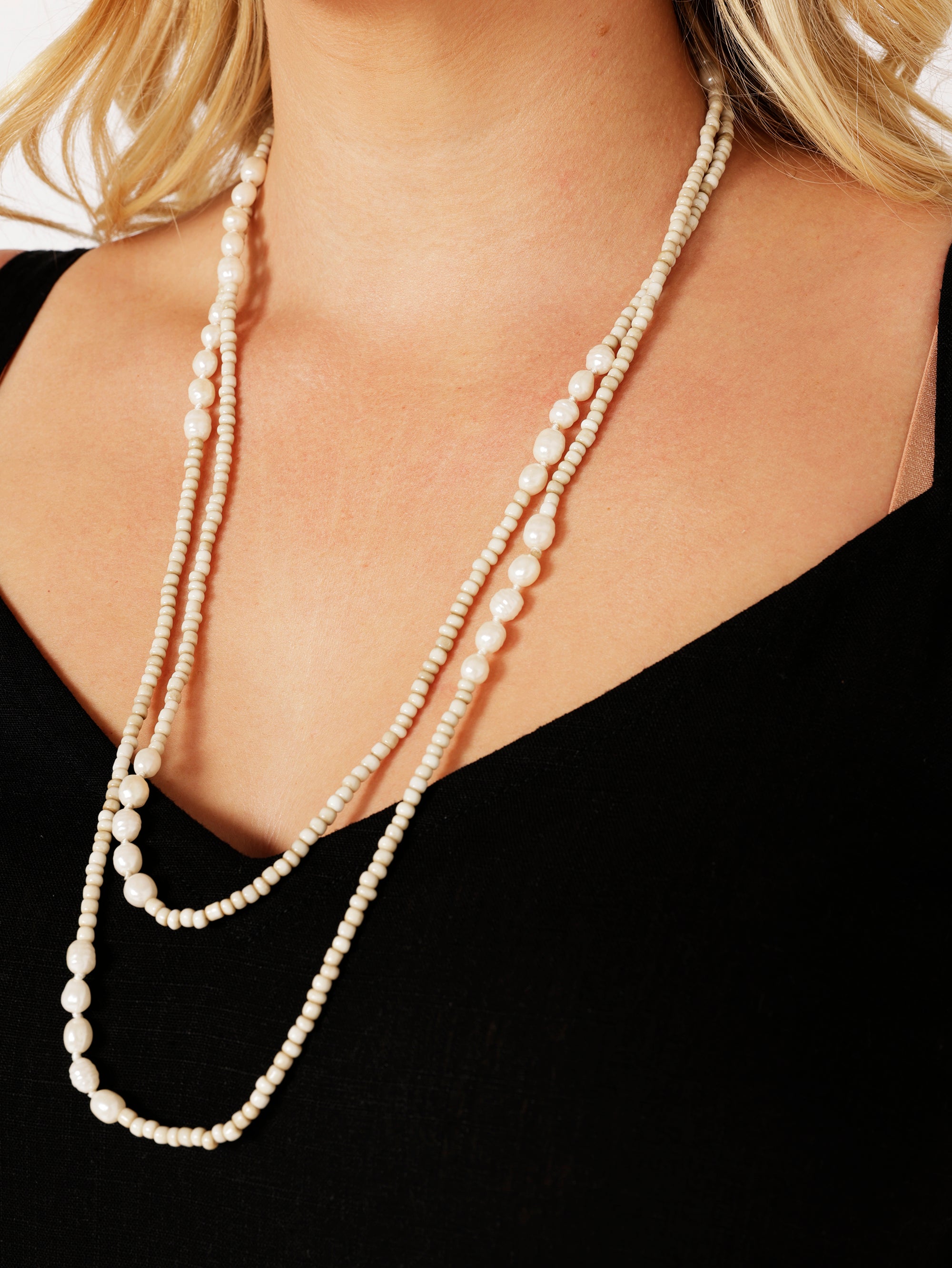Long Pearl Bead Necklace | Beige - Saffron Road