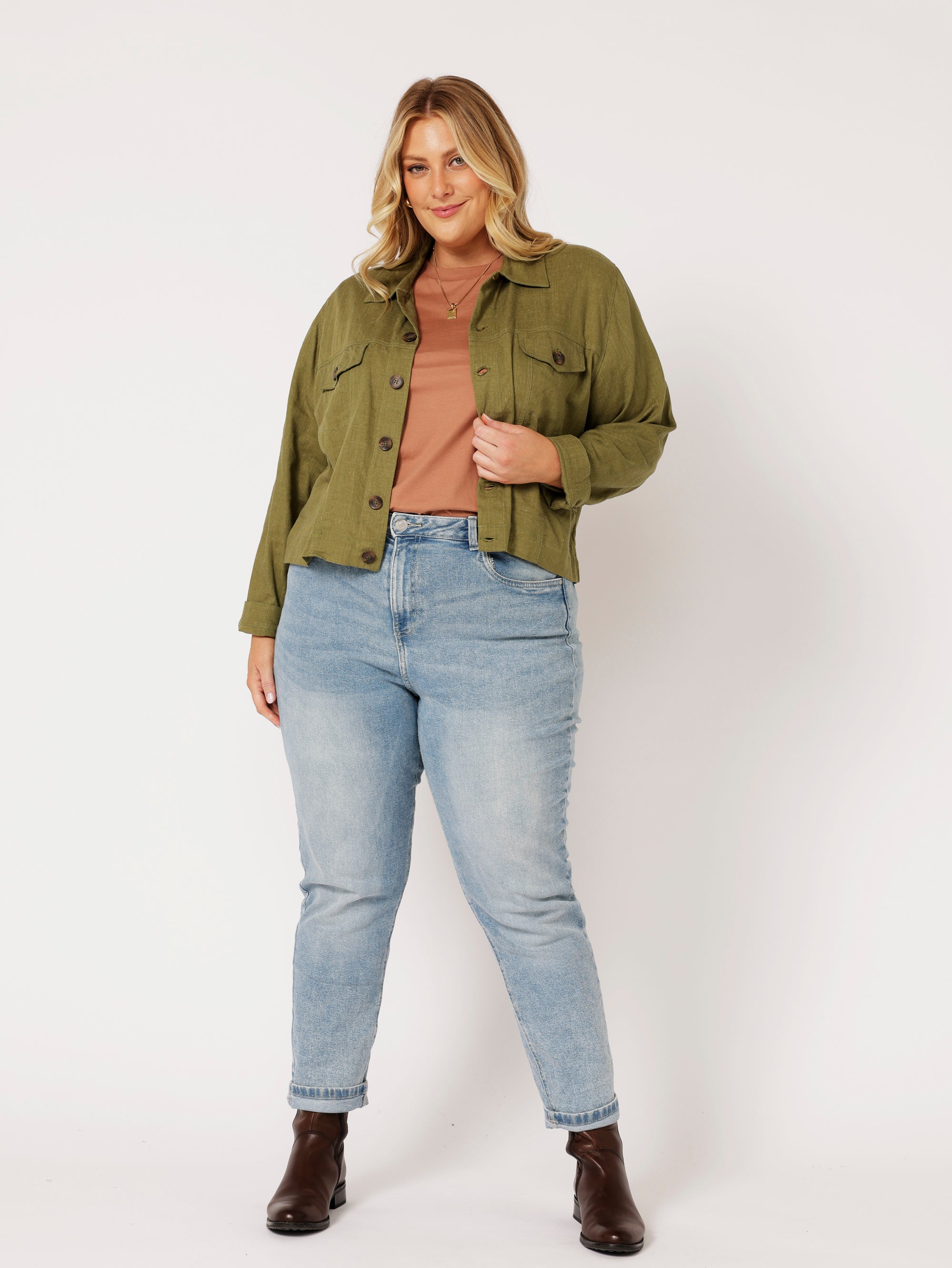 Vegas Jacket CROPPED | Olive | Viscose Linen - Saffron Road