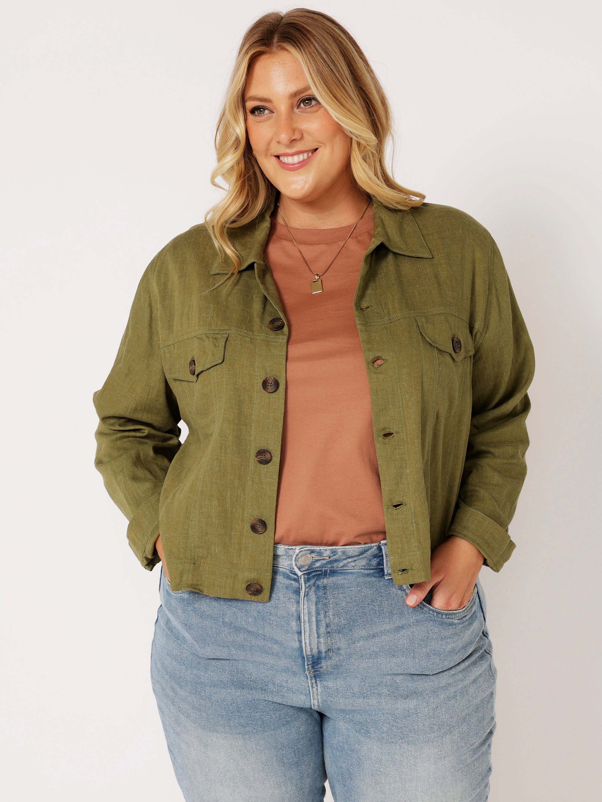 Vegas Jacket CROPPED | Olive | Viscose Linen - Saffron Road