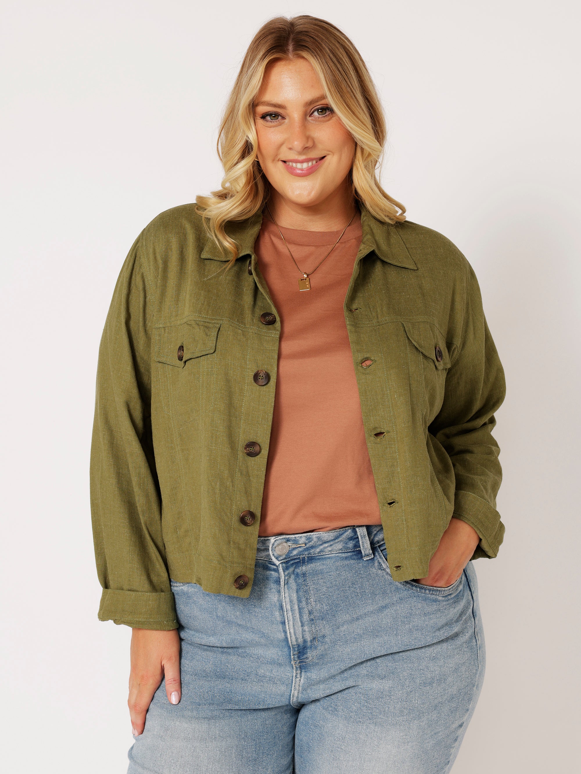 Vegas Jacket CROPPED | Olive | Viscose Linen - Saffron Road