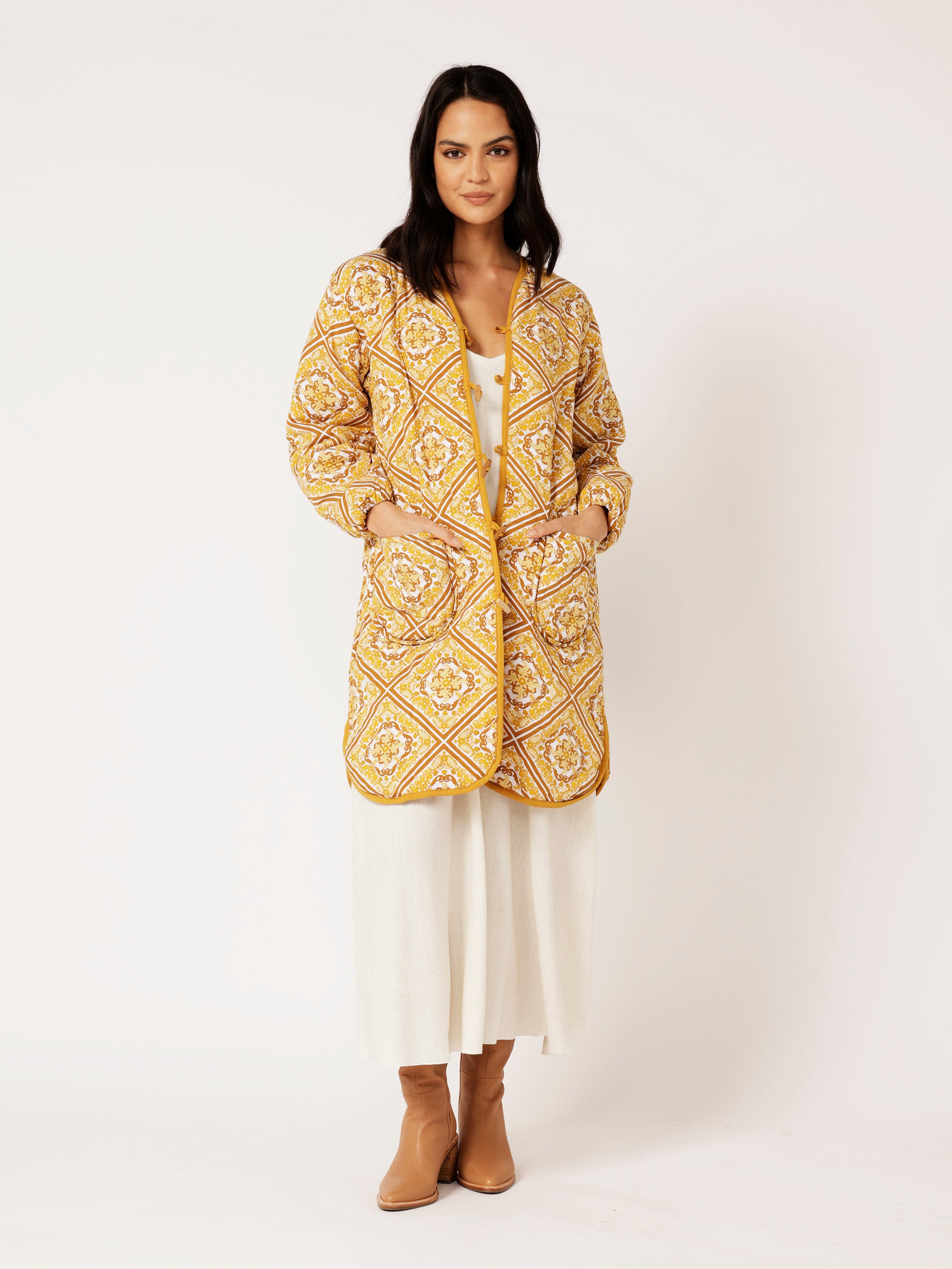 Quilted Jacket LONG | Golden Tile - Saffron Road