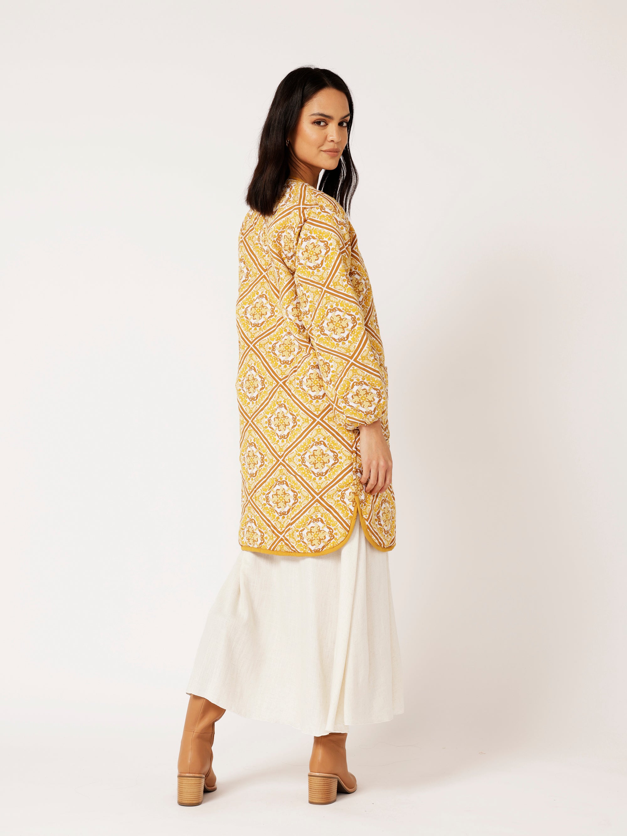 Quilted Jacket LONG | Golden Tile - Saffron Road