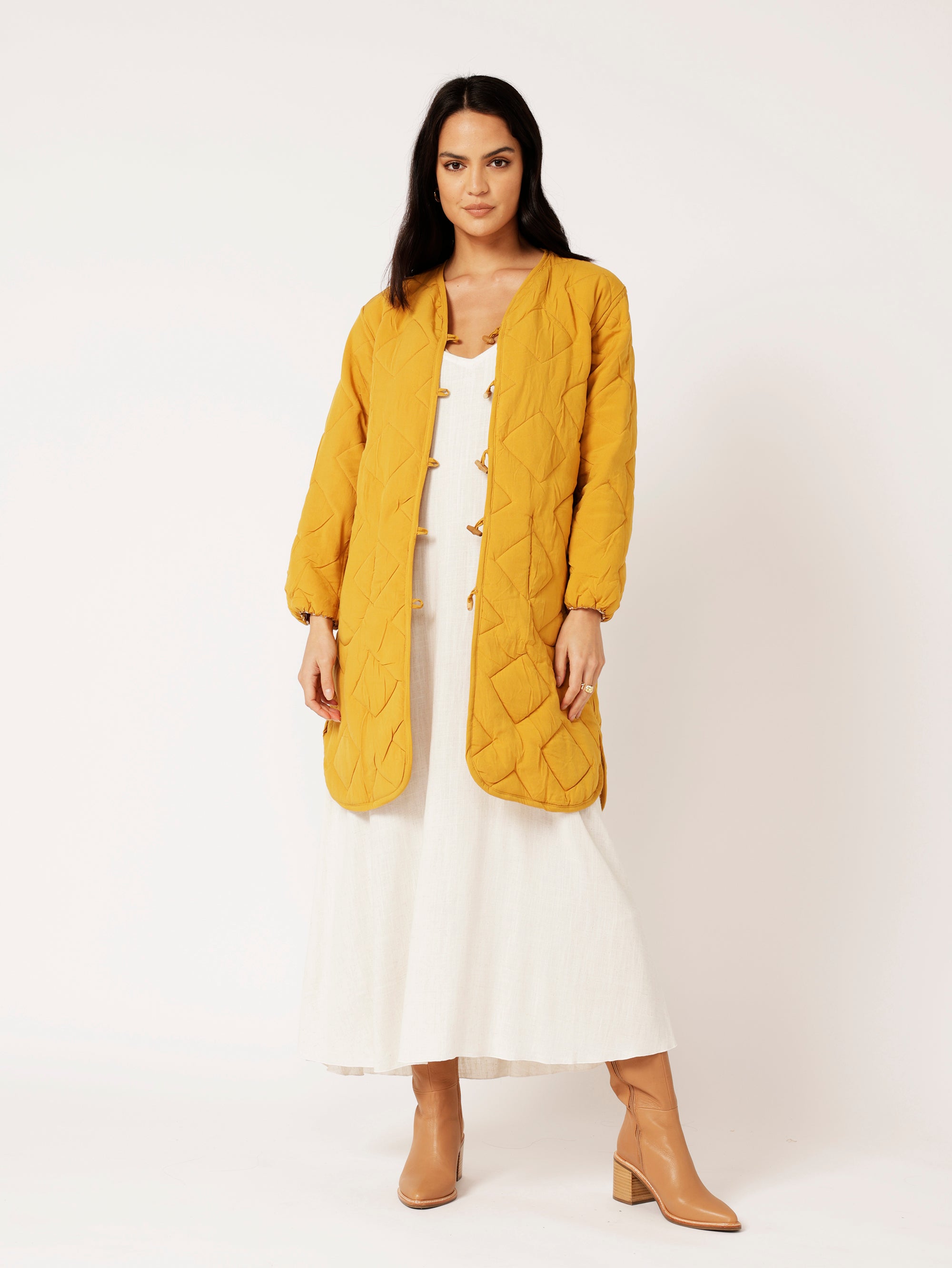 Quilted Jacket LONG | Golden Tile - Saffron Road