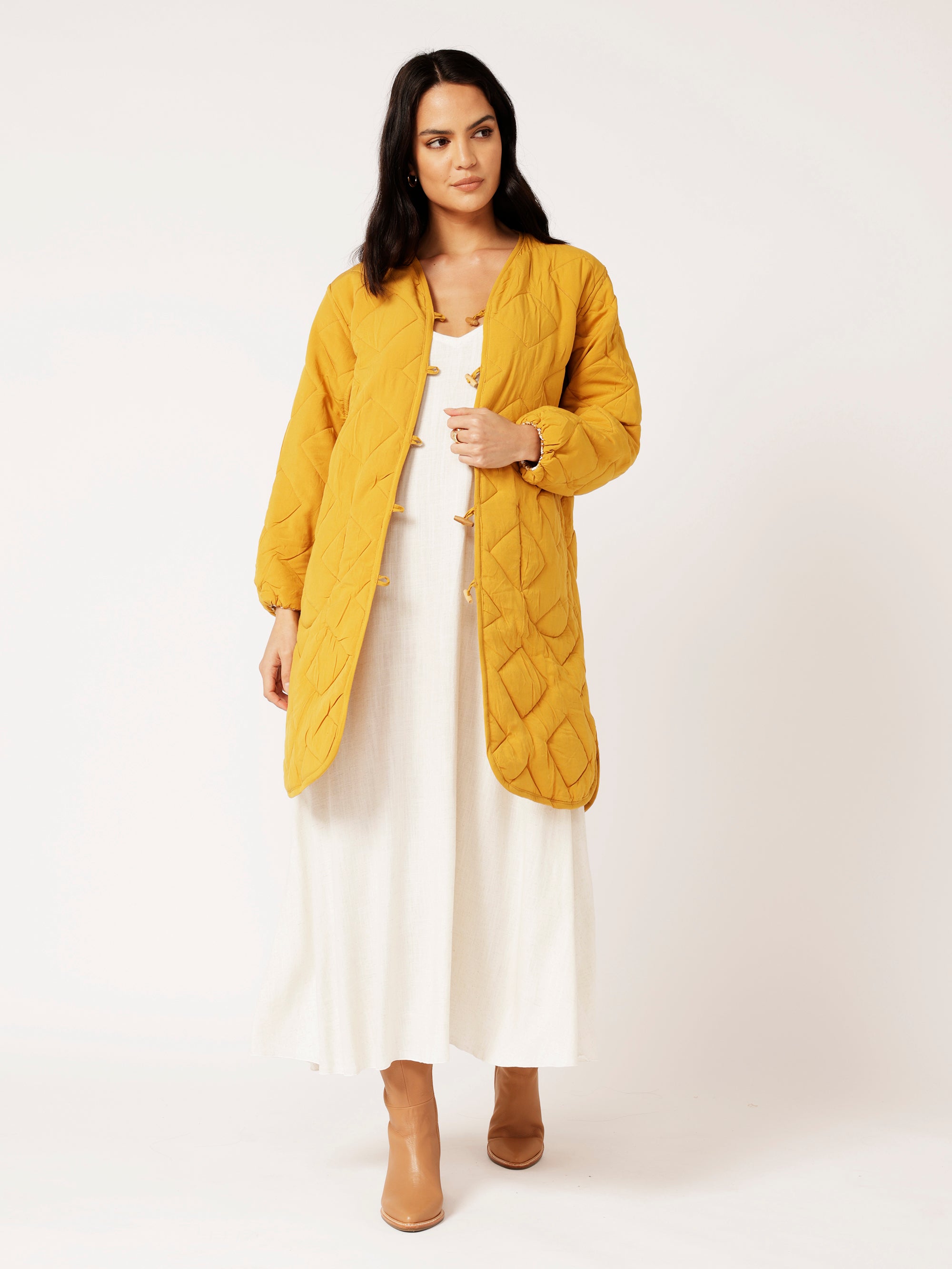 Quilted Jacket LONG | Golden Tile - Saffron Road