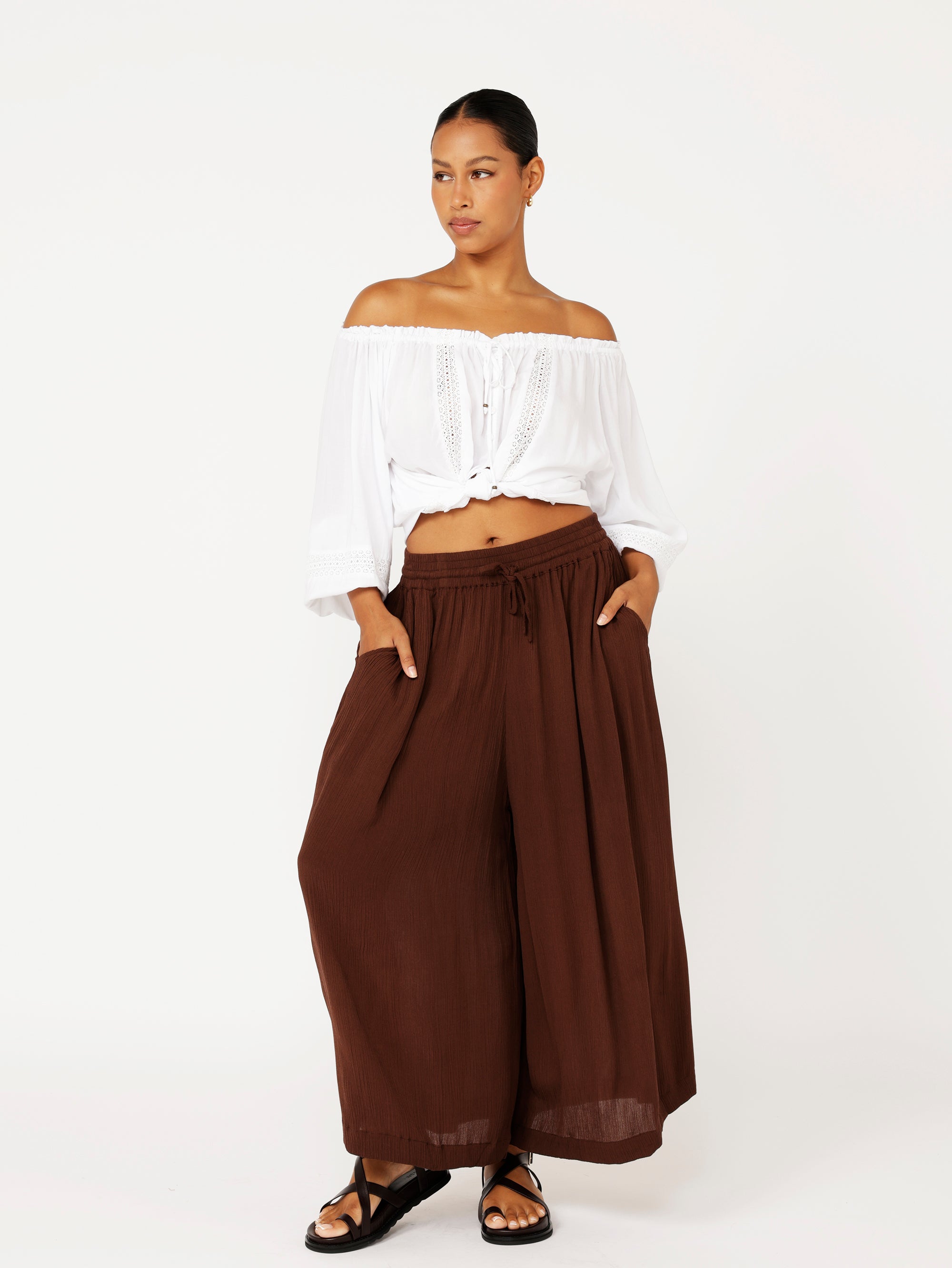 Palazzo Pant Crop | Cacao Crinkle - Saffron Road
