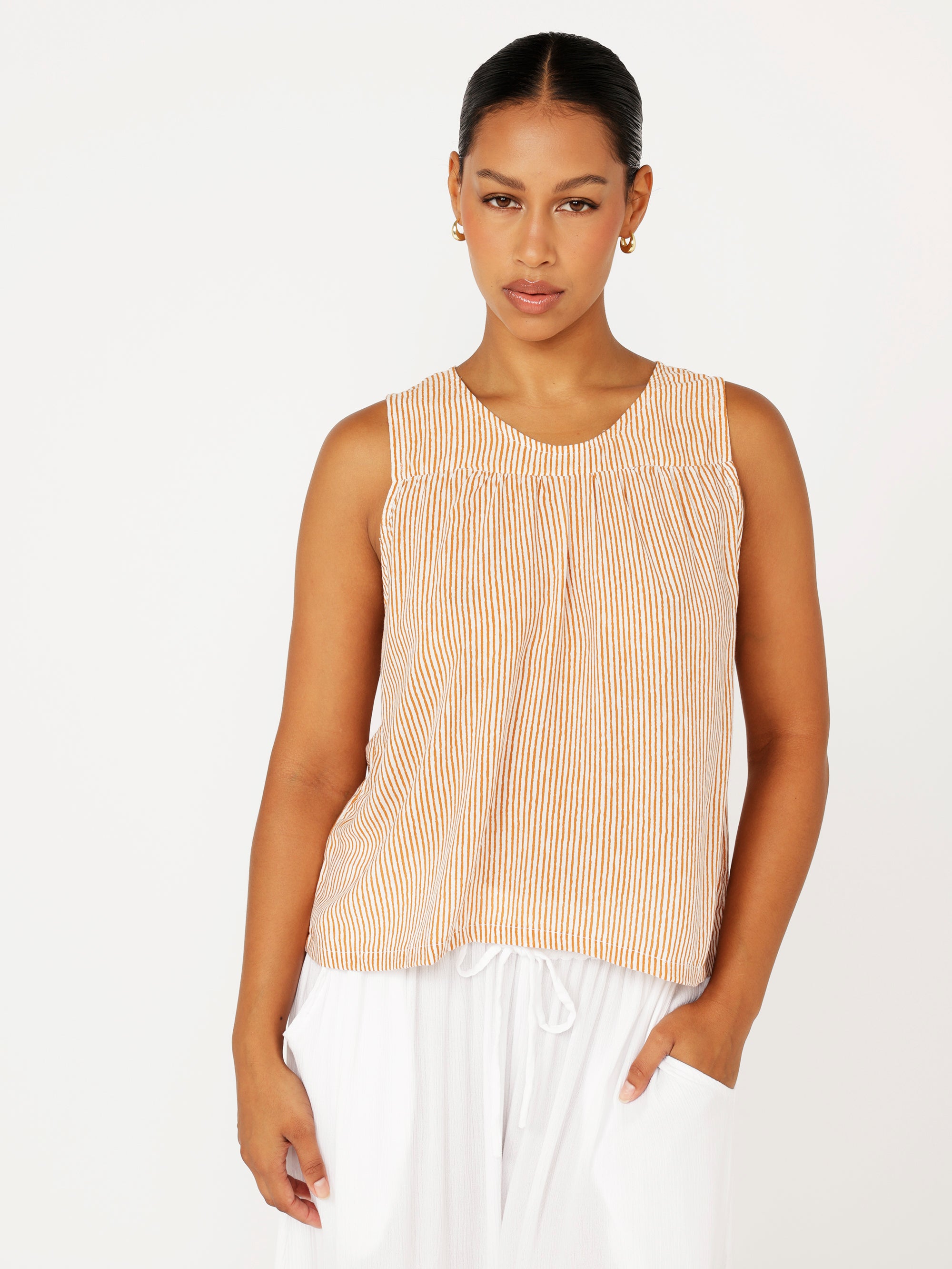 Zephyr Tank | Tan Mini Stripe - Saffron Road