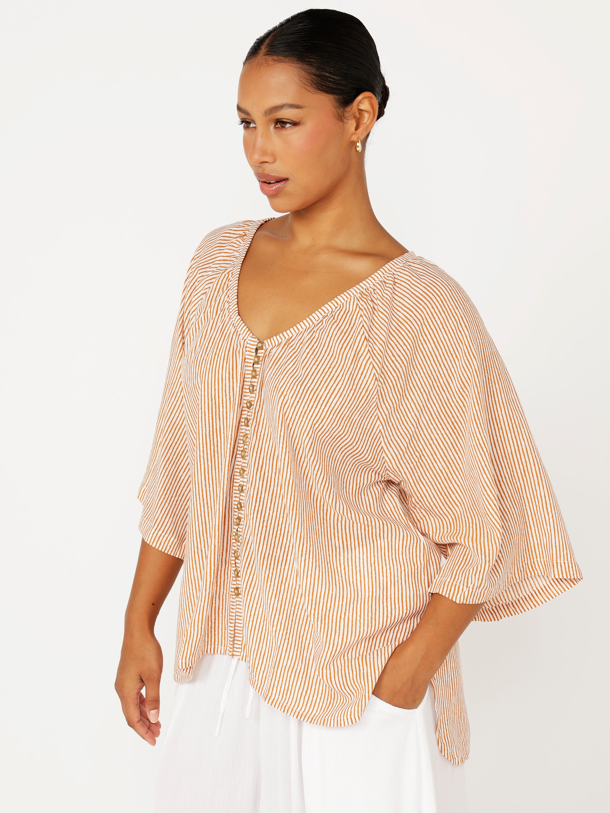 Summer Blouse | Tan Mini Stripe - Saffron Road