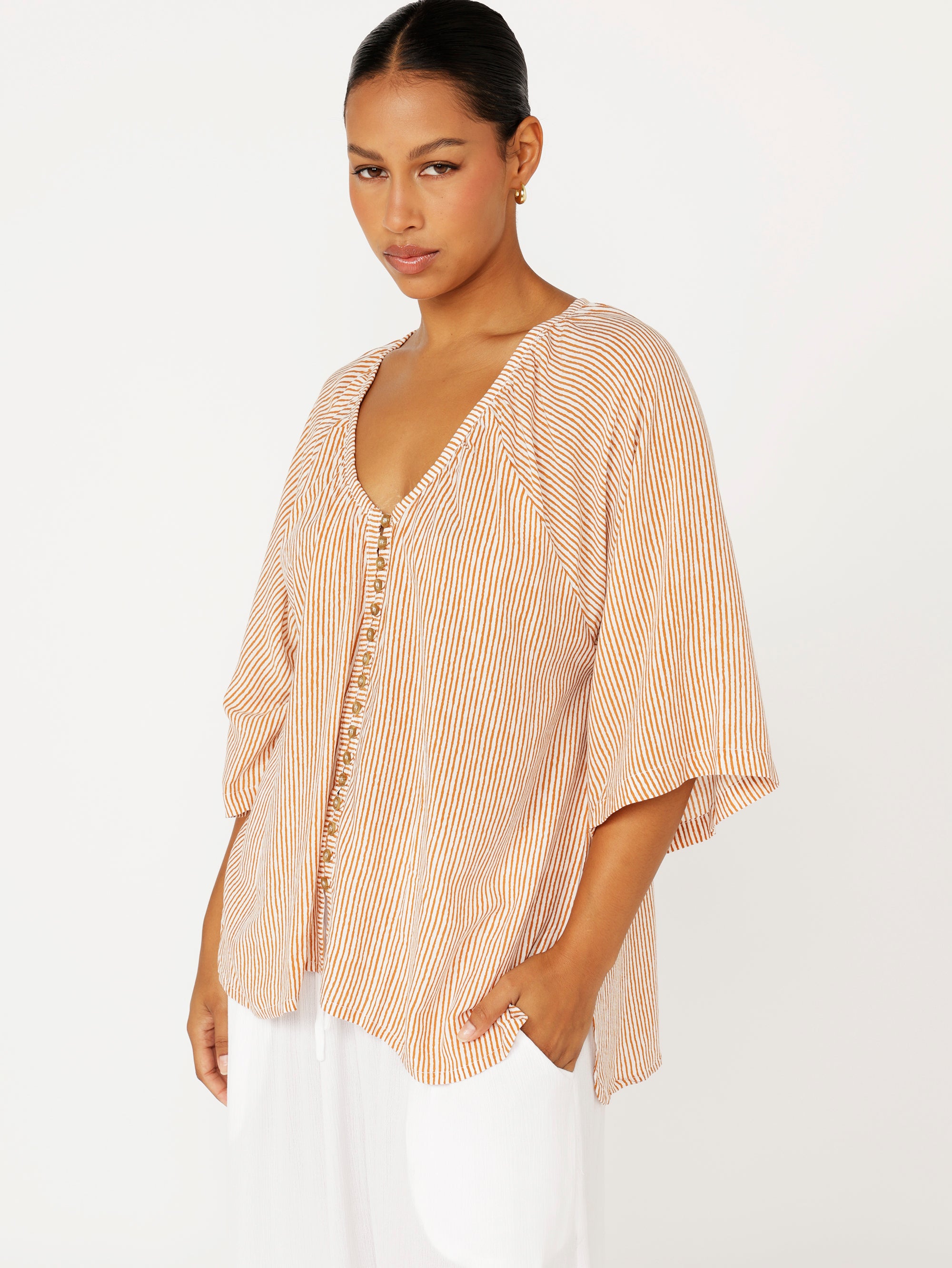 Summer Blouse | Tan Mini Stripe - Saffron Road