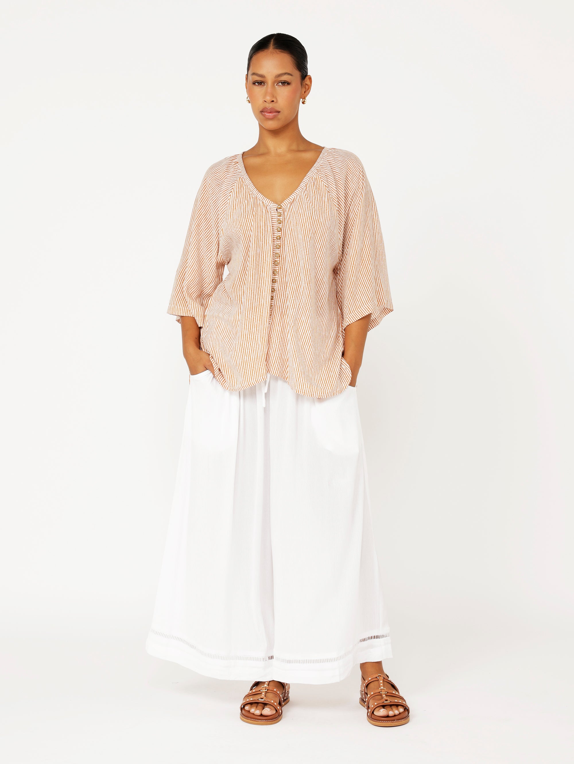 Summer Blouse | Tan Mini Stripe - Saffron Road