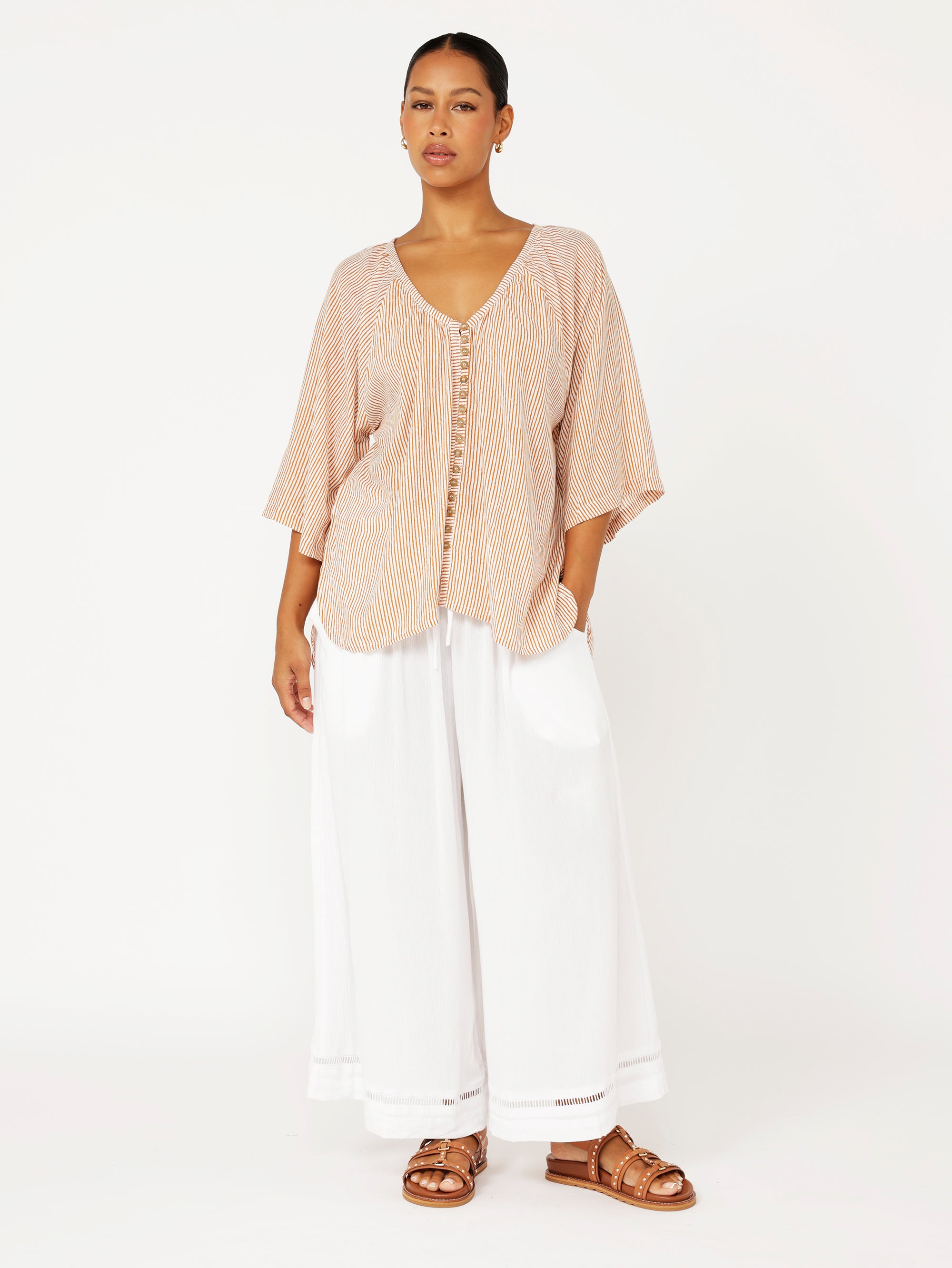 Summer Blouse | Tan Mini Stripe - Saffron Road