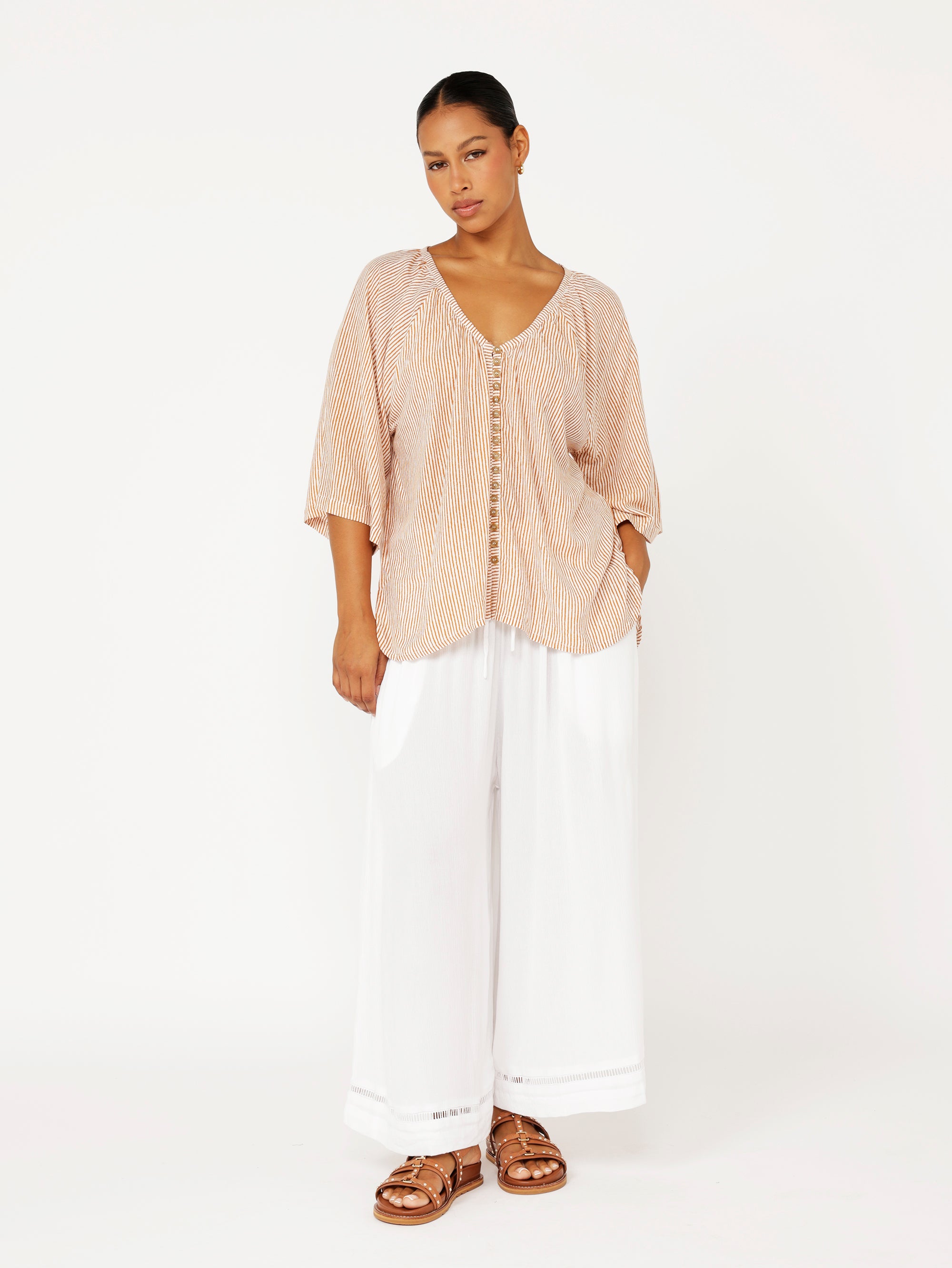Summer Blouse | Tan Mini Stripe - Saffron Road