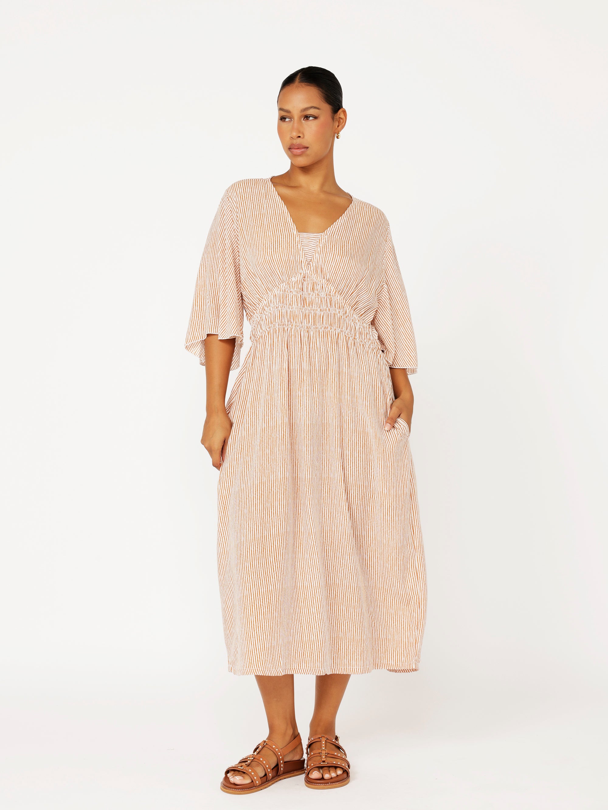 Tahlia Dress | Tan Mini Stripe - Saffron Road