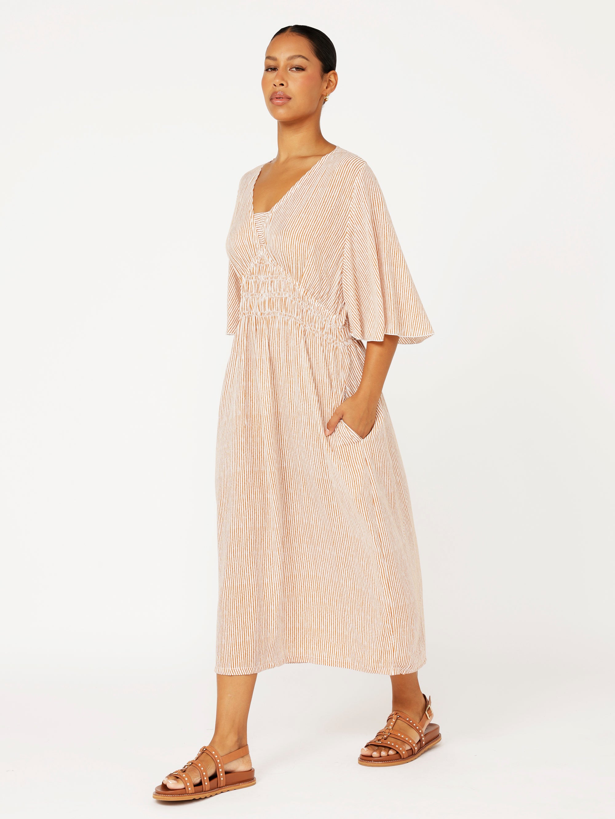 Saffron Road | Tahlia Dress | Tan Mini Stripe