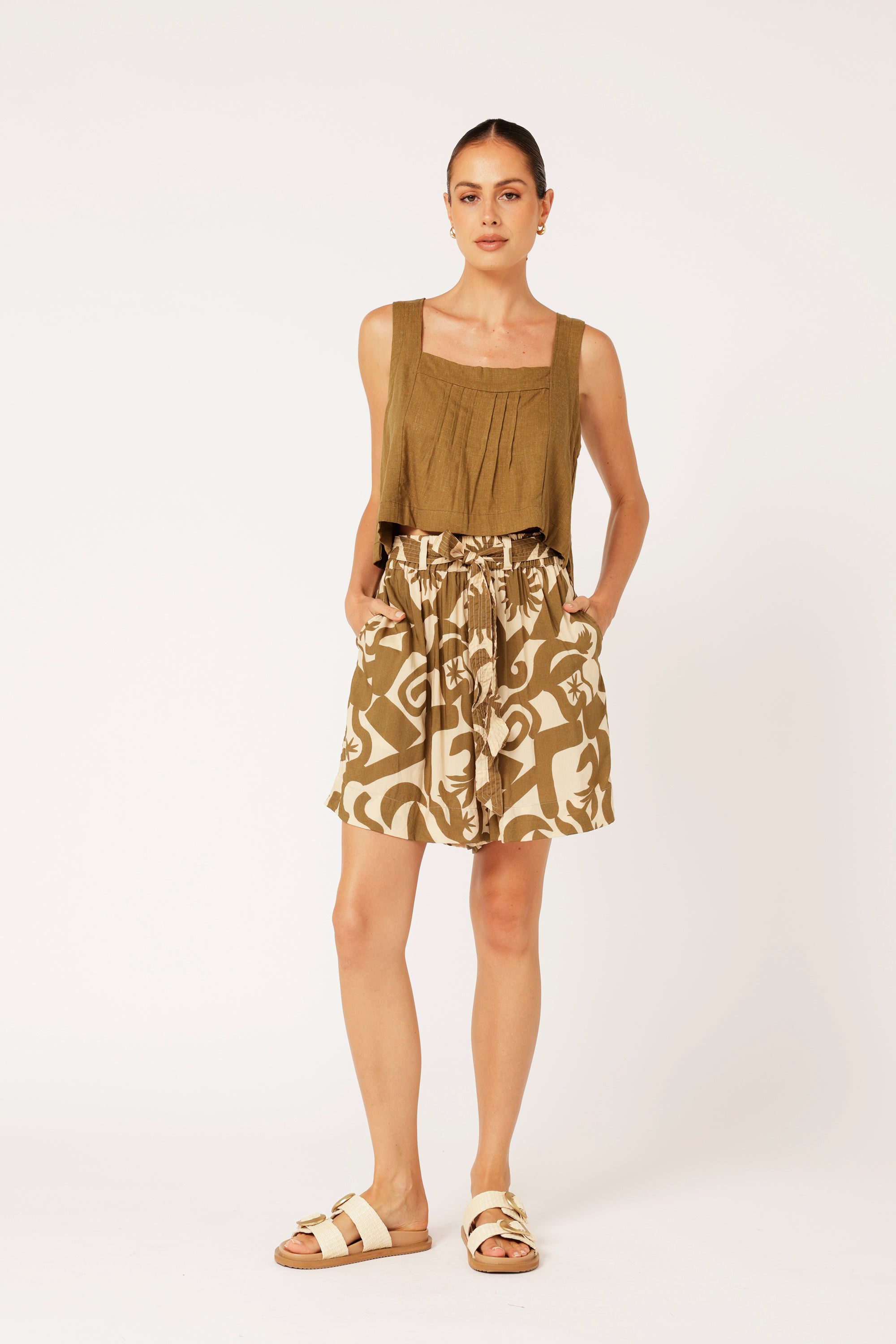 Lotus Tank Cropped | Khaki | Viscose Linen - Saffron Road
