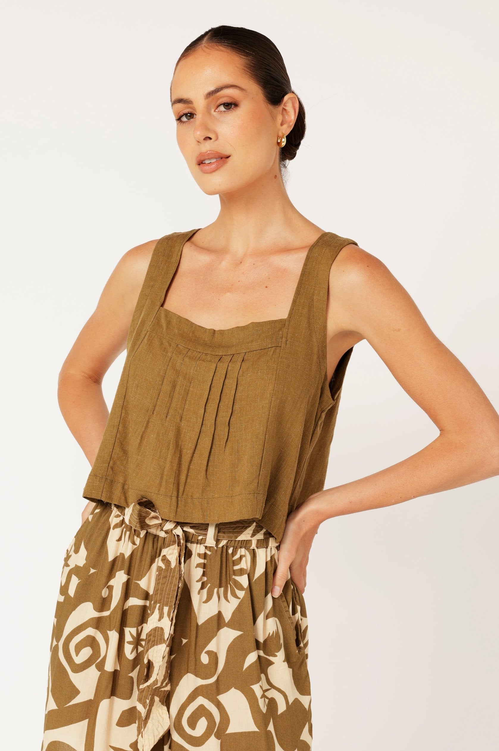 Lotus Tank Cropped | Khaki | Viscose Linen - Saffron Road
