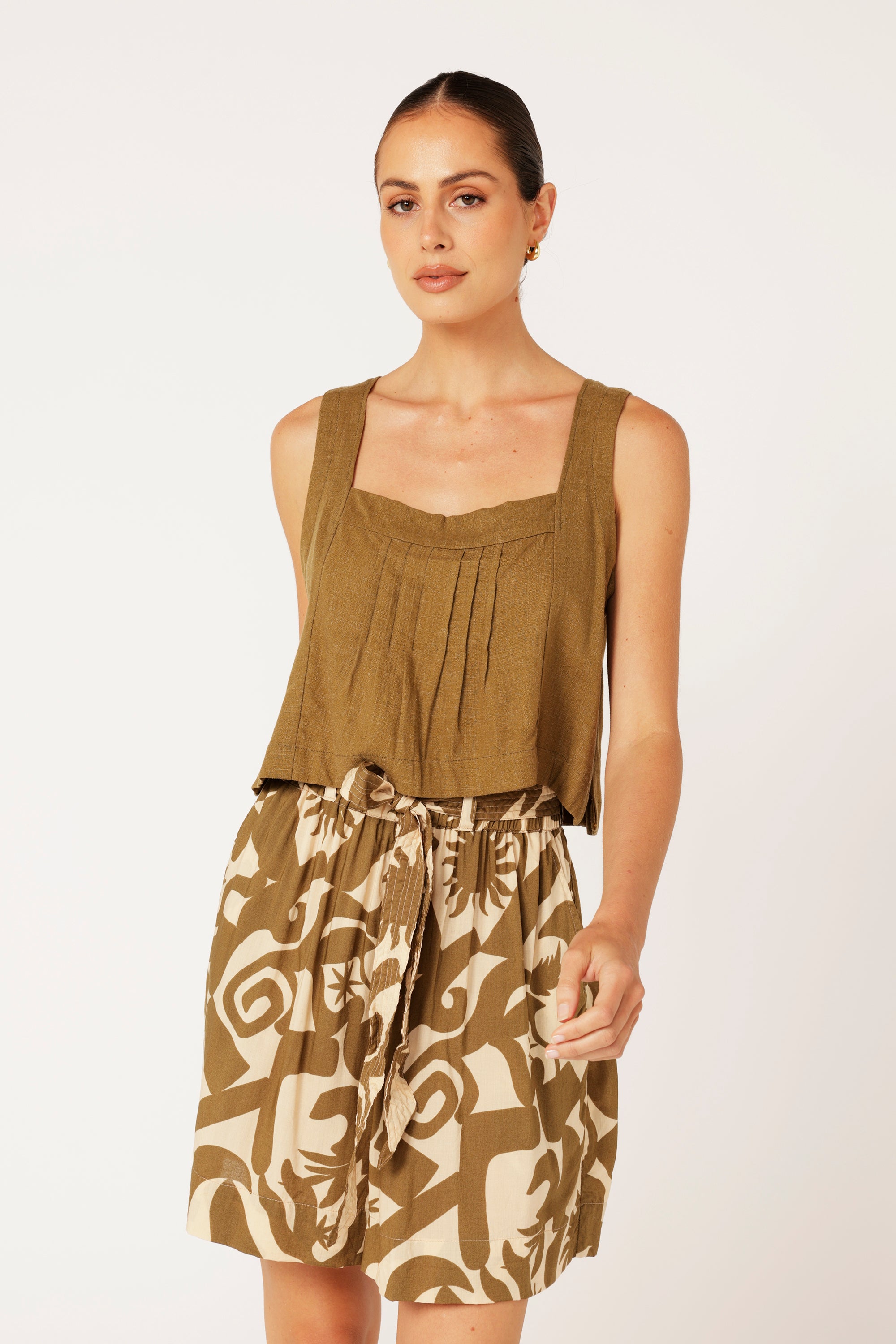 Lotus Tank Cropped | Khaki | Viscose Linen - Saffron Road