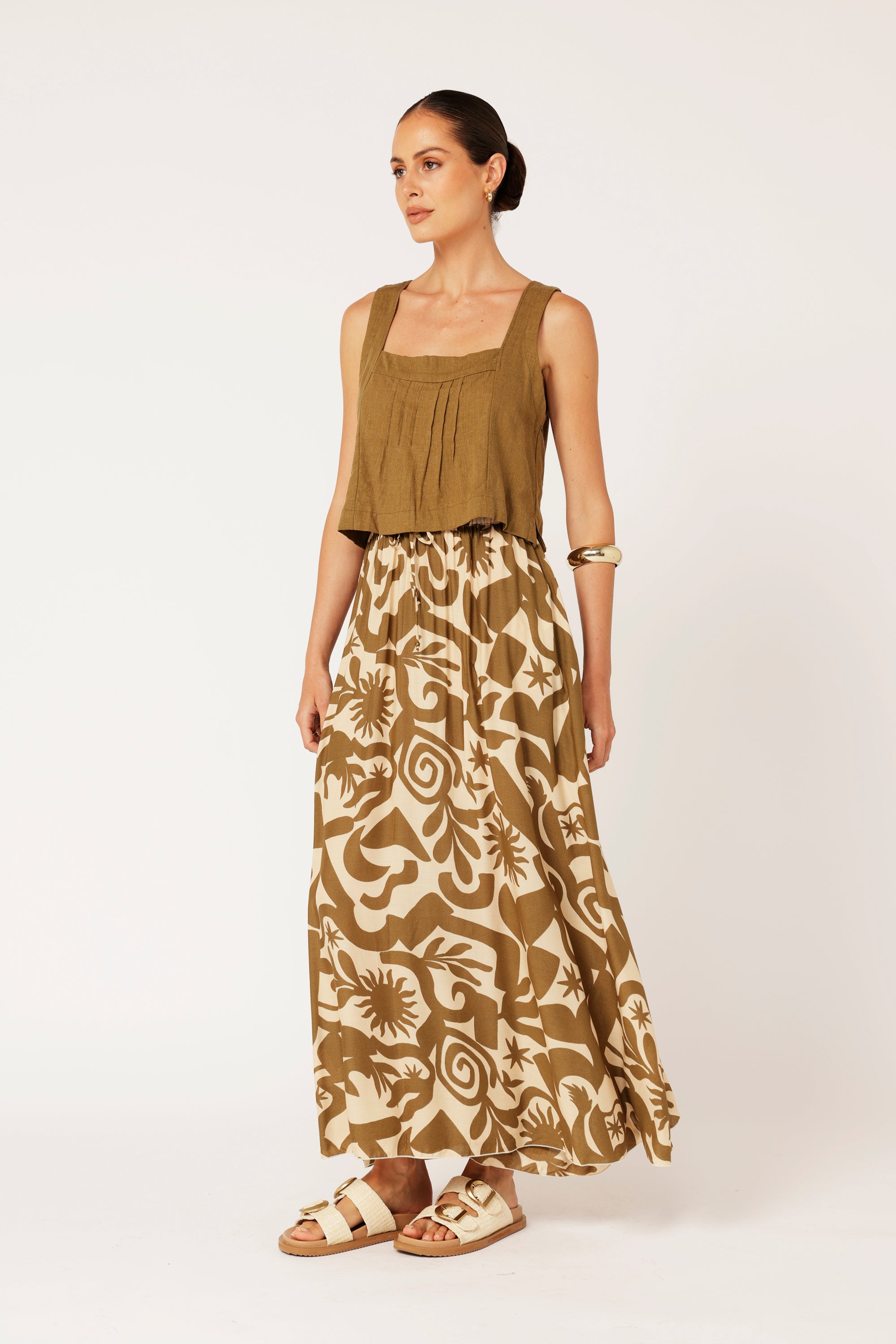 Lotus Tank Cropped | Khaki | Viscose Linen - Saffron Road