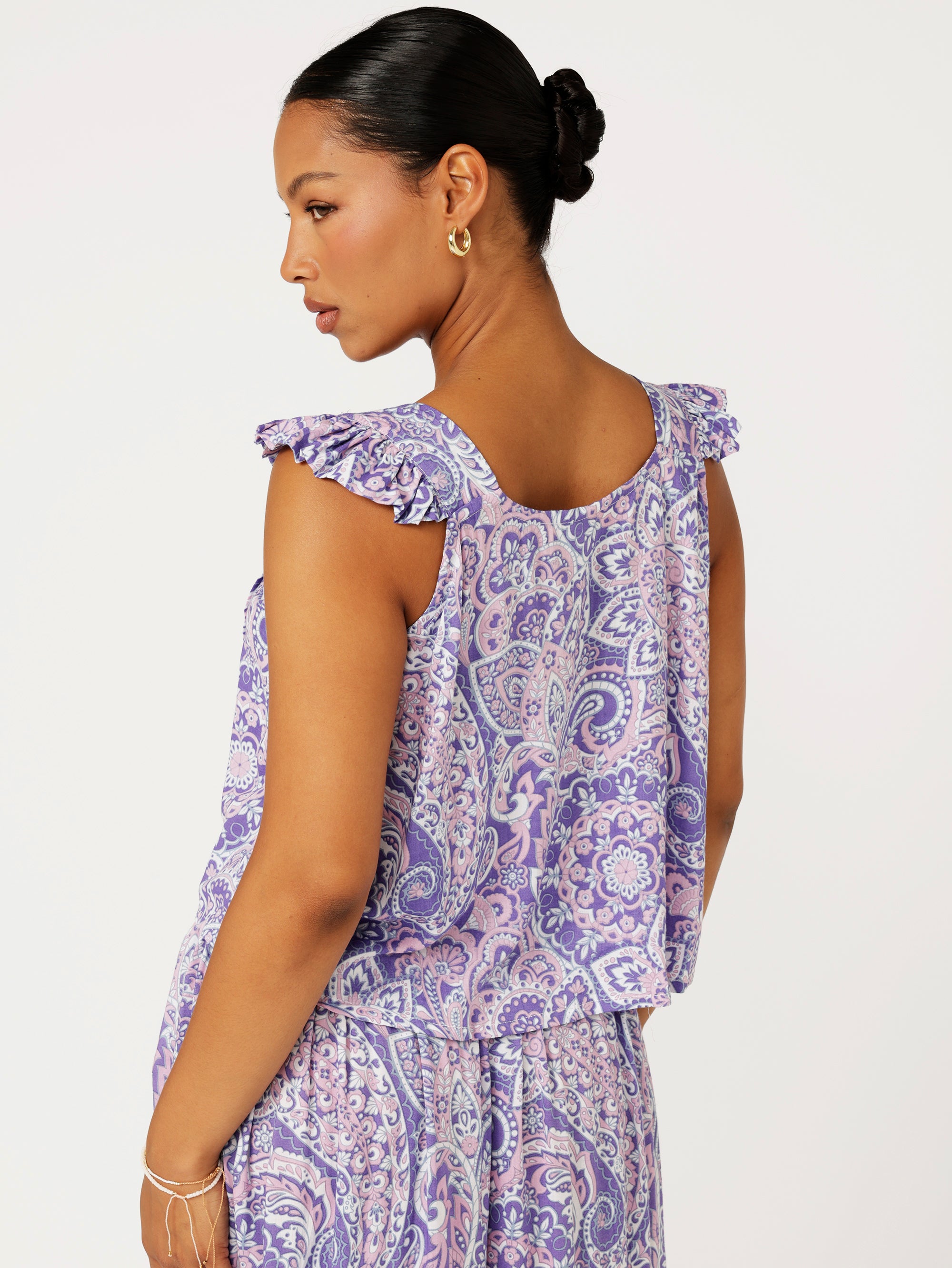 Santorini Singlet With Frill | Purple Paisley