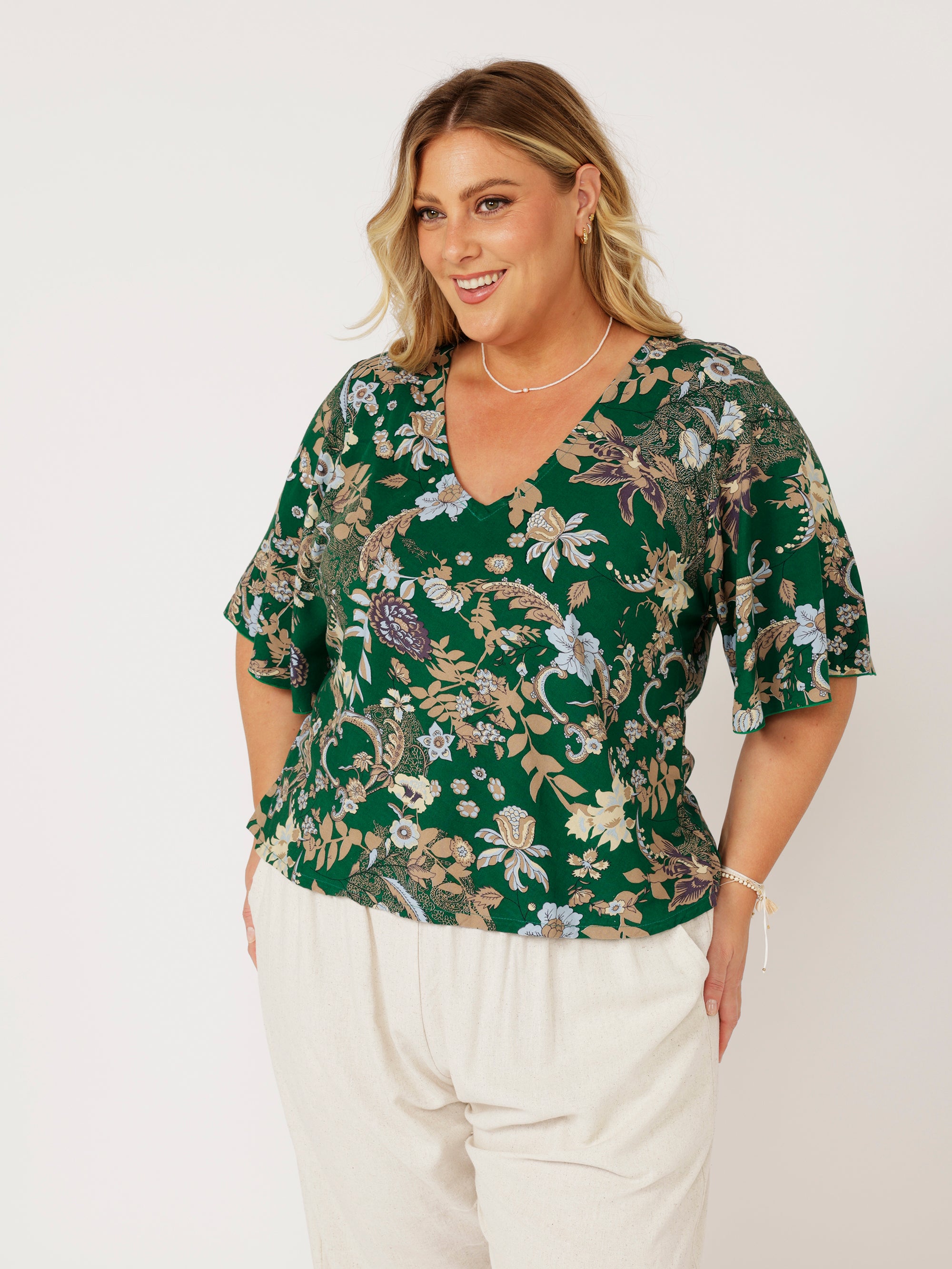 Viv Top (with sleeves) | Midnight Garden Green - Saffron Road