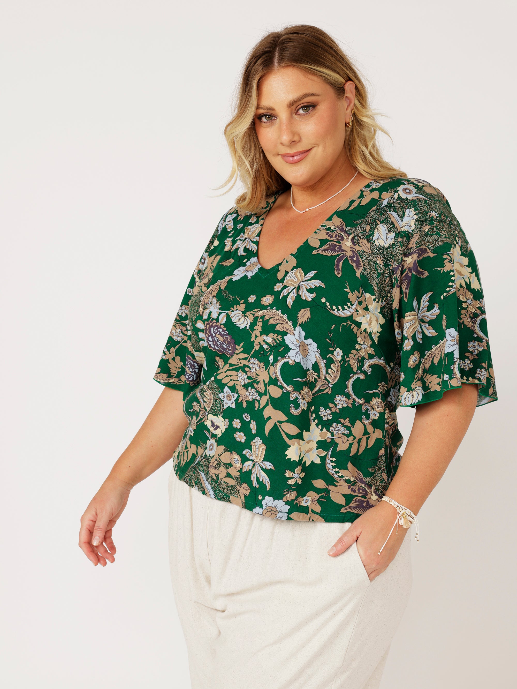Viv Top (with sleeves) | Midnight Garden Green - Saffron Road