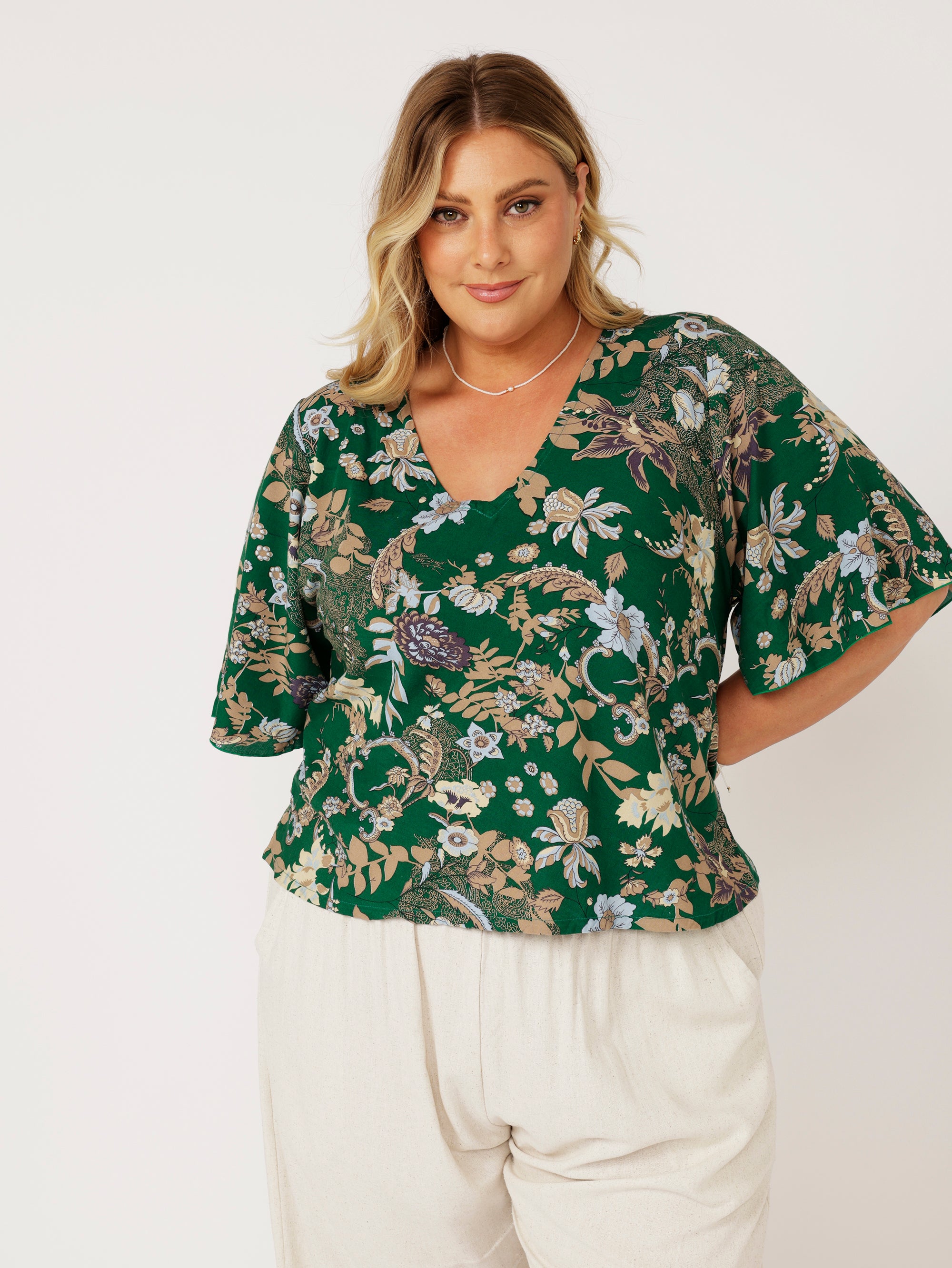 Viv Top (with sleeves) | Midnight Garden Green - Saffron Road