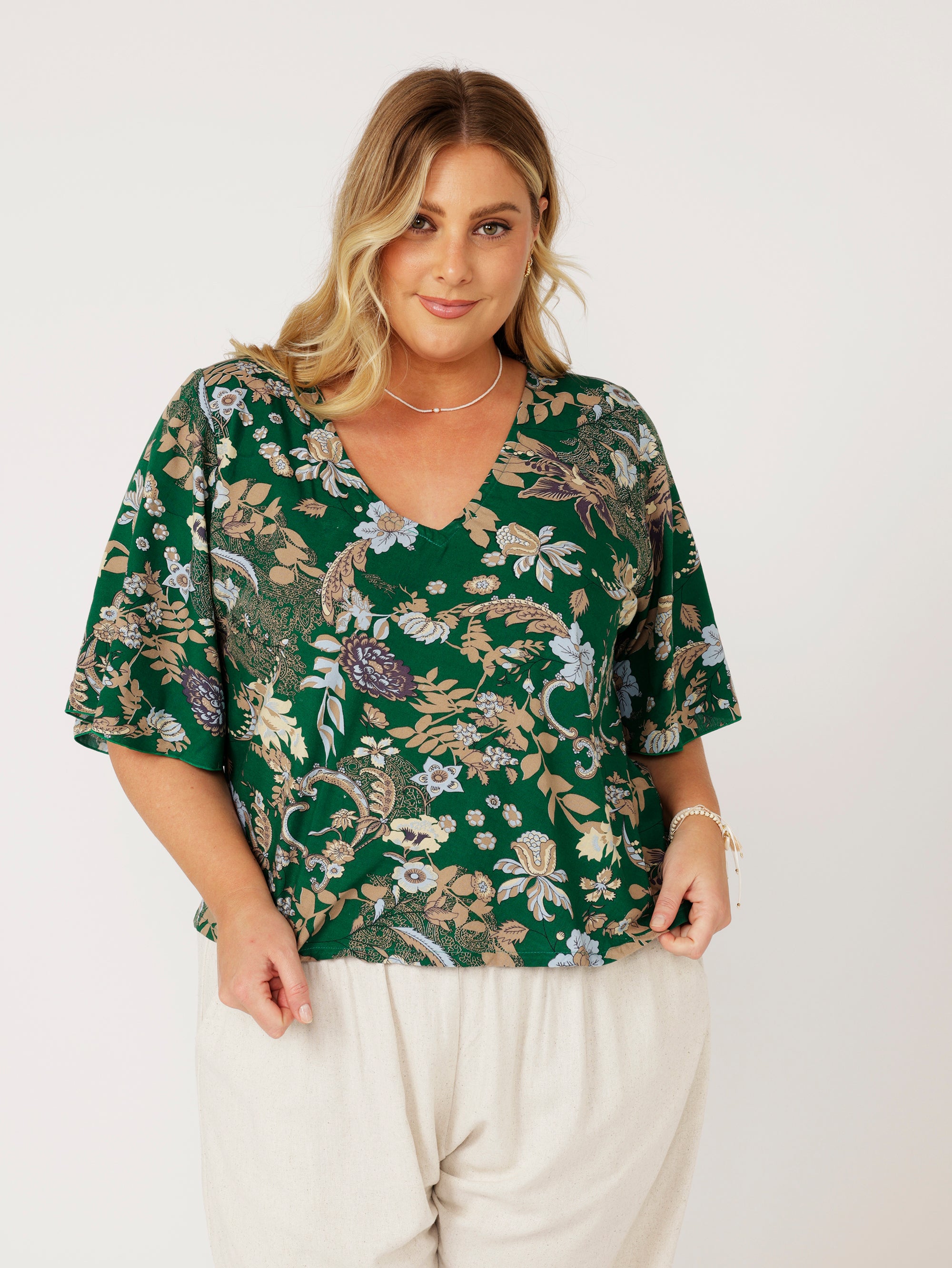 Viv Top (with sleeves) | Midnight Garden Green - Saffron Road
