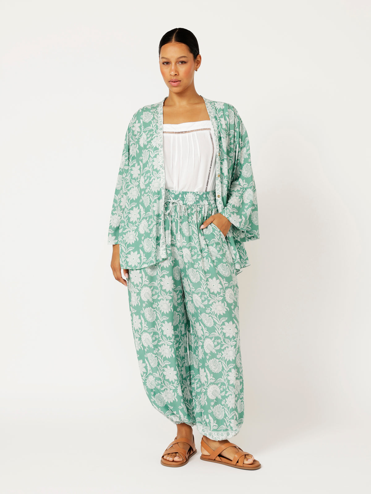 Kimono Shirt | Sage Indian Flower - Saffron Road