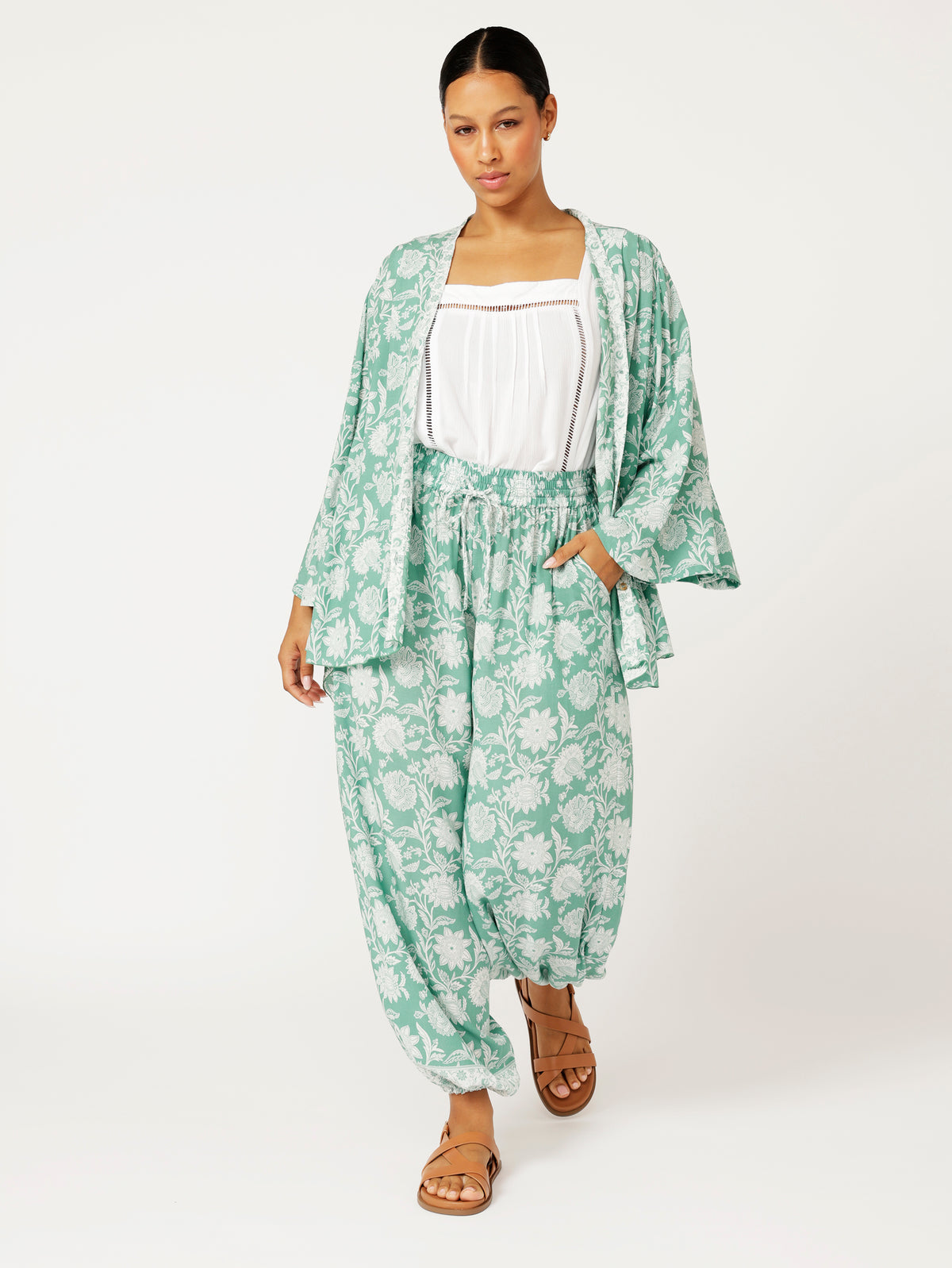 Kimono Shirt | Sage Indian Flower - Saffron Road