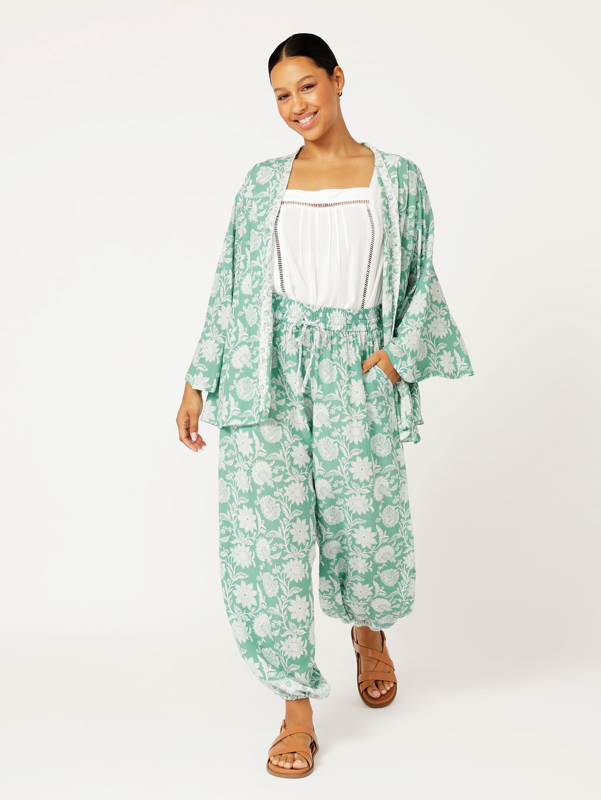 Kimono Shirt | Sage Indian Flower - Saffron Road