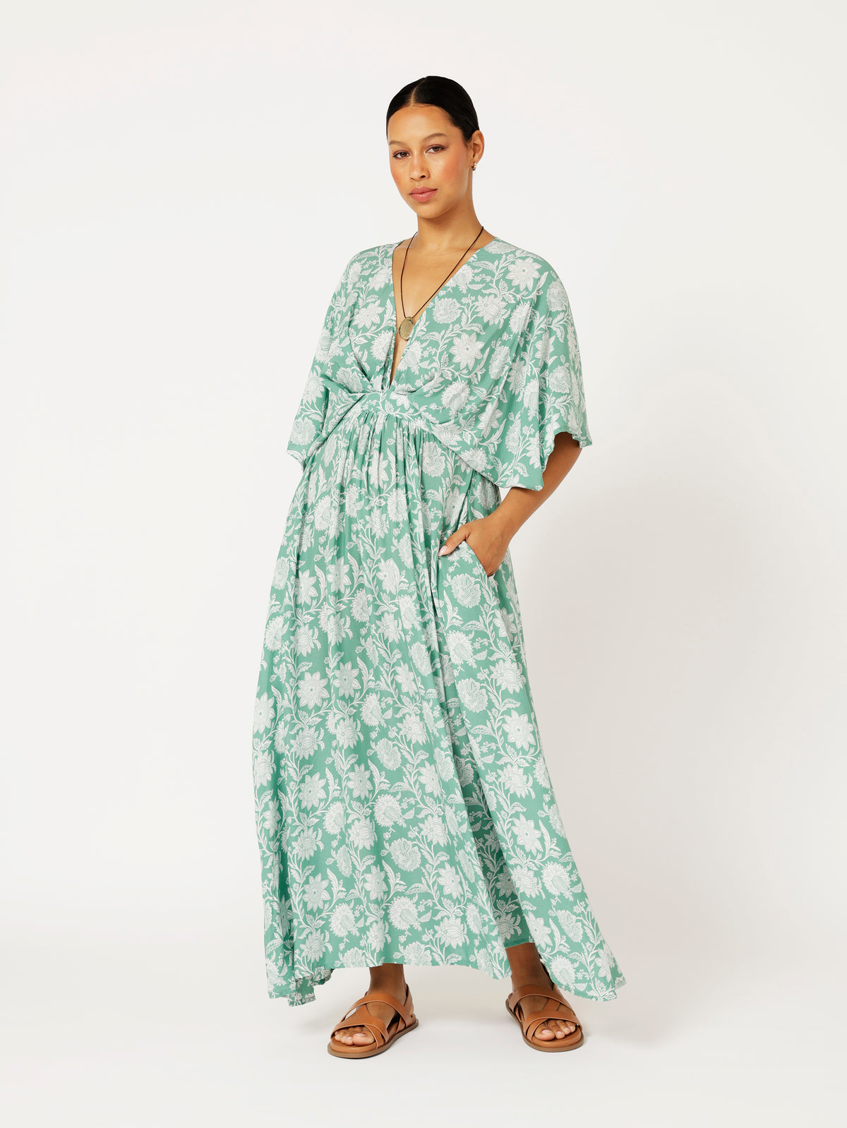 Meredith Dress | Sage Indian Flower - Saffron Road