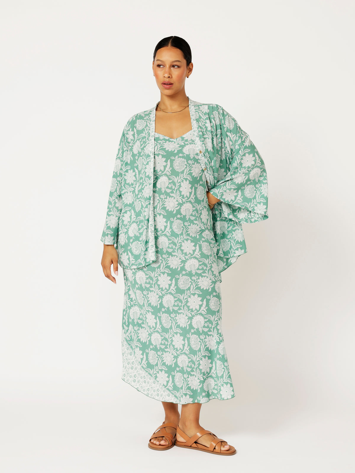Kimono Shirt | Sage Indian Flower - Saffron Road