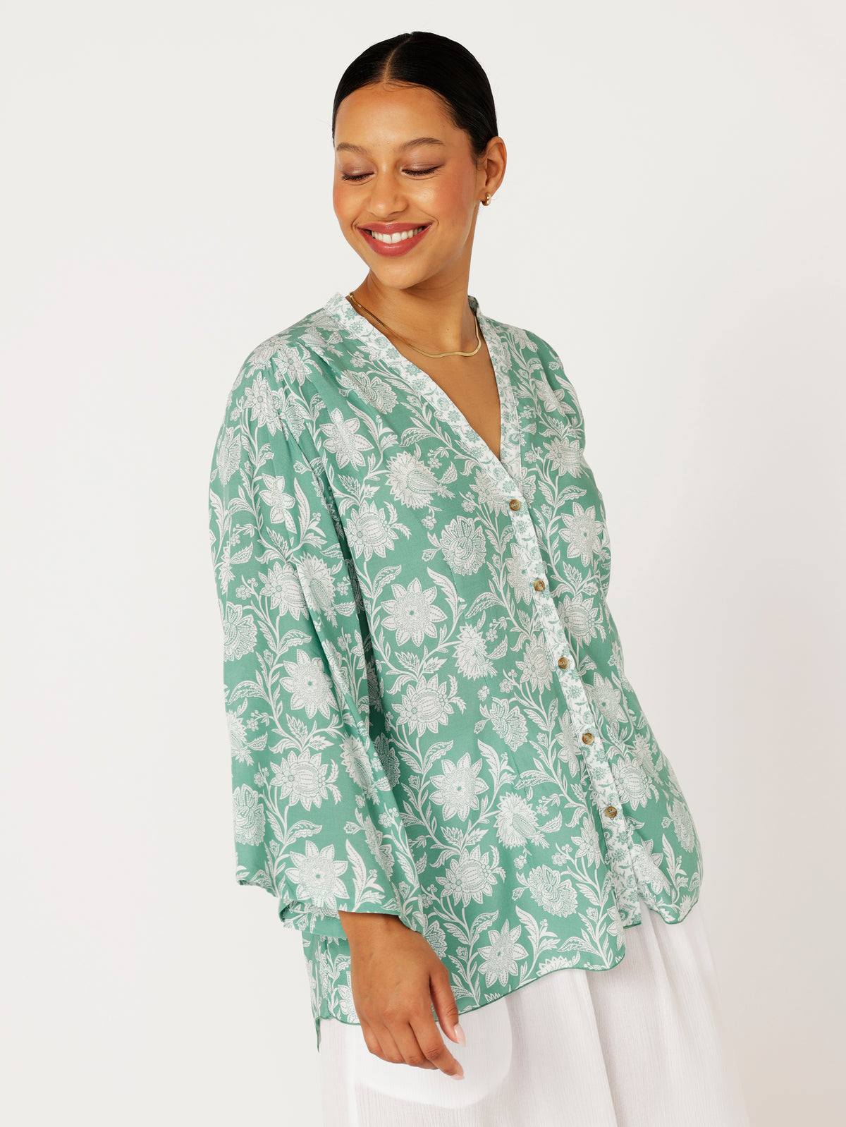 Kimono Shirt | Sage Indian Flower - Saffron Road