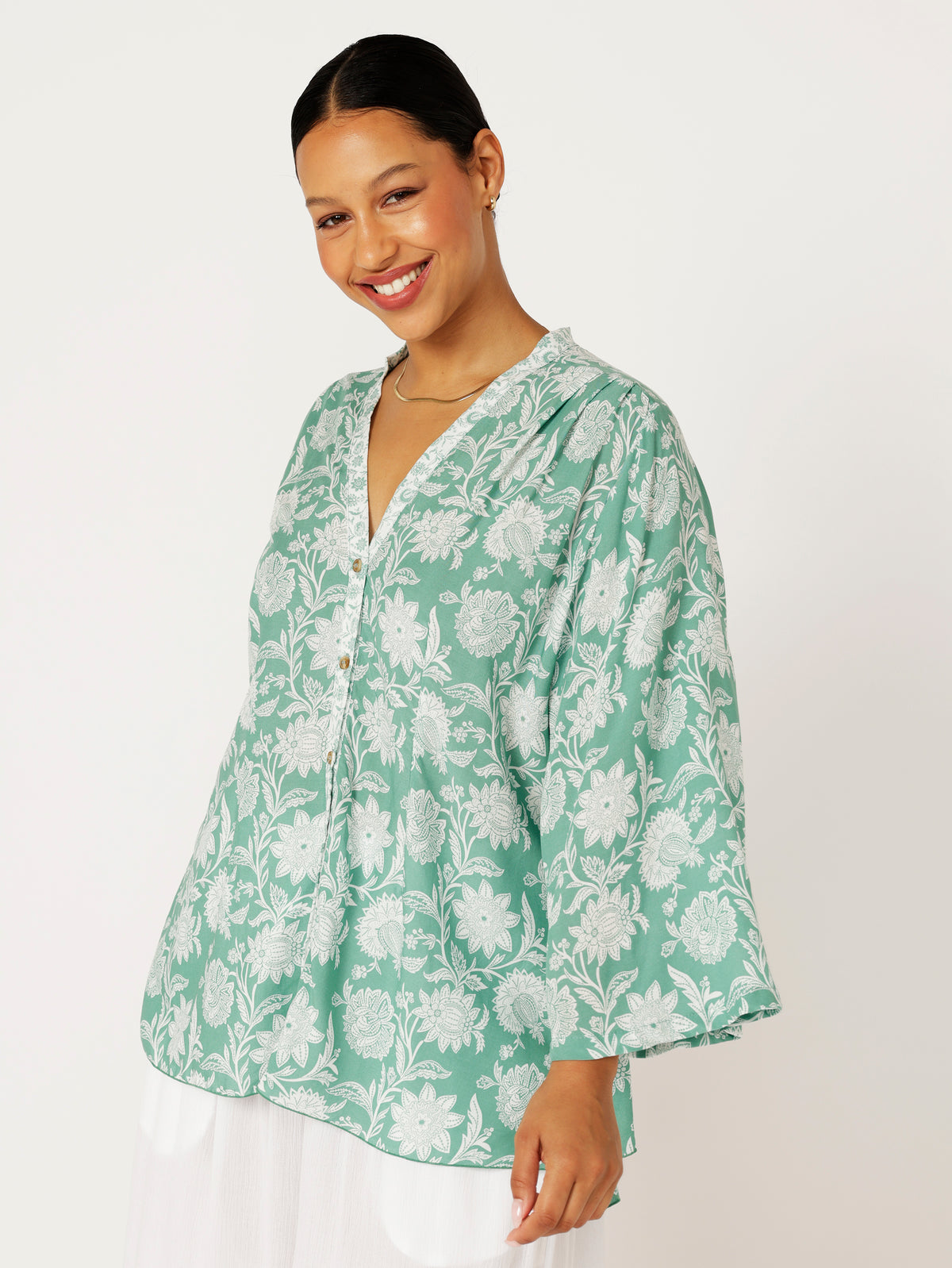 Kimono Shirt | Sage Indian Flower - Saffron Road