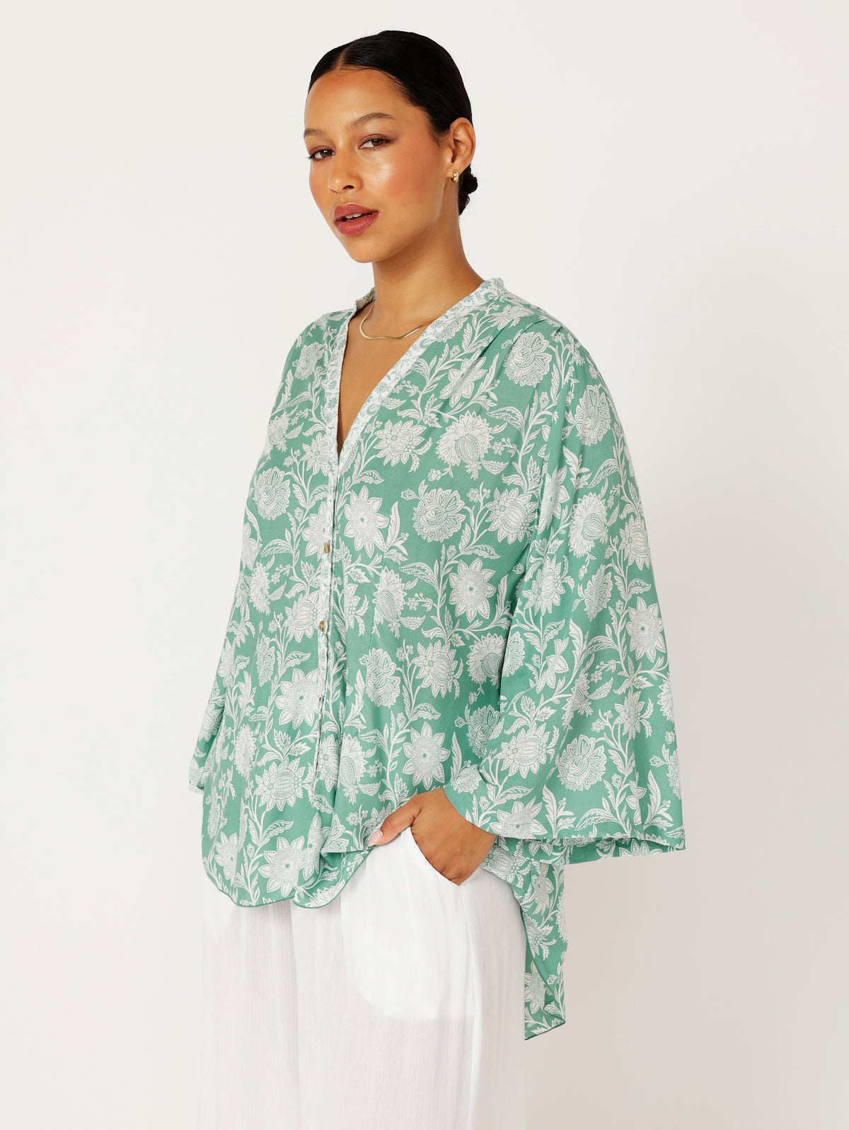 Kimono Shirt | Sage Indian Flower - Saffron Road