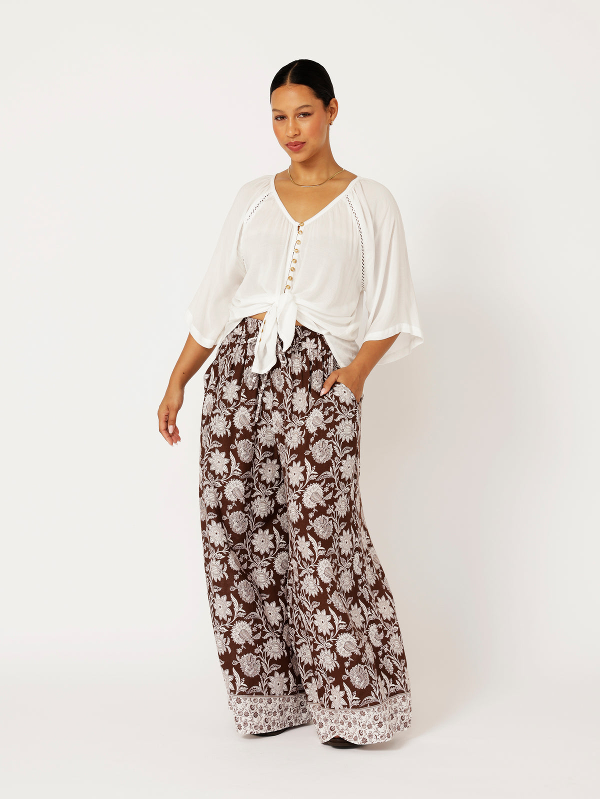 Palazzo Pant | Chocolate Indian Flower - Saffron Road