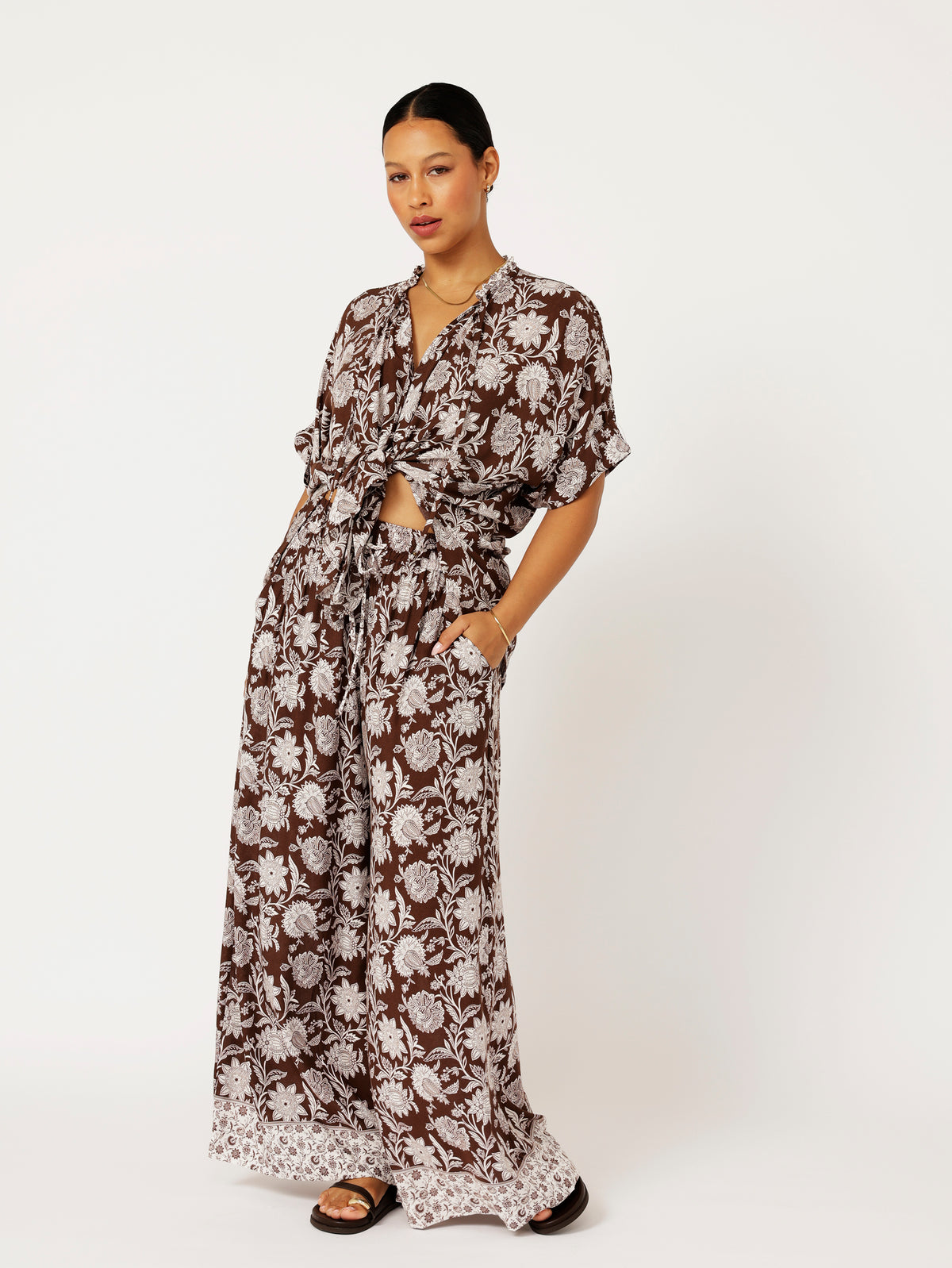 Palazzo Pant | Chocolate Indian Flower - Saffron Road