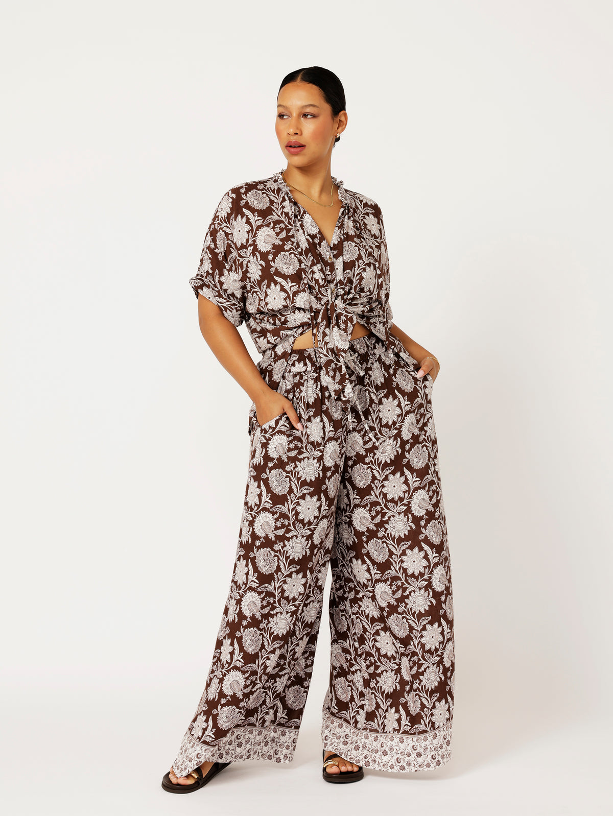 Palazzo Pant | Chocolate Indian Flower - Saffron Road
