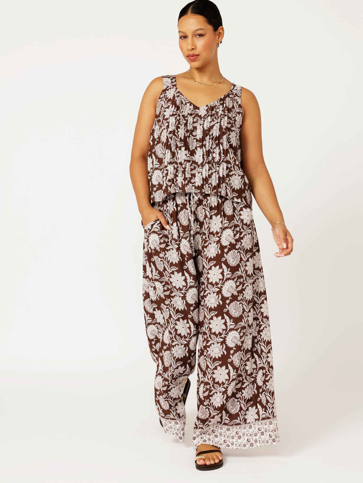 Palazzo Pant | Chocolate Indian Flower - Saffron Road