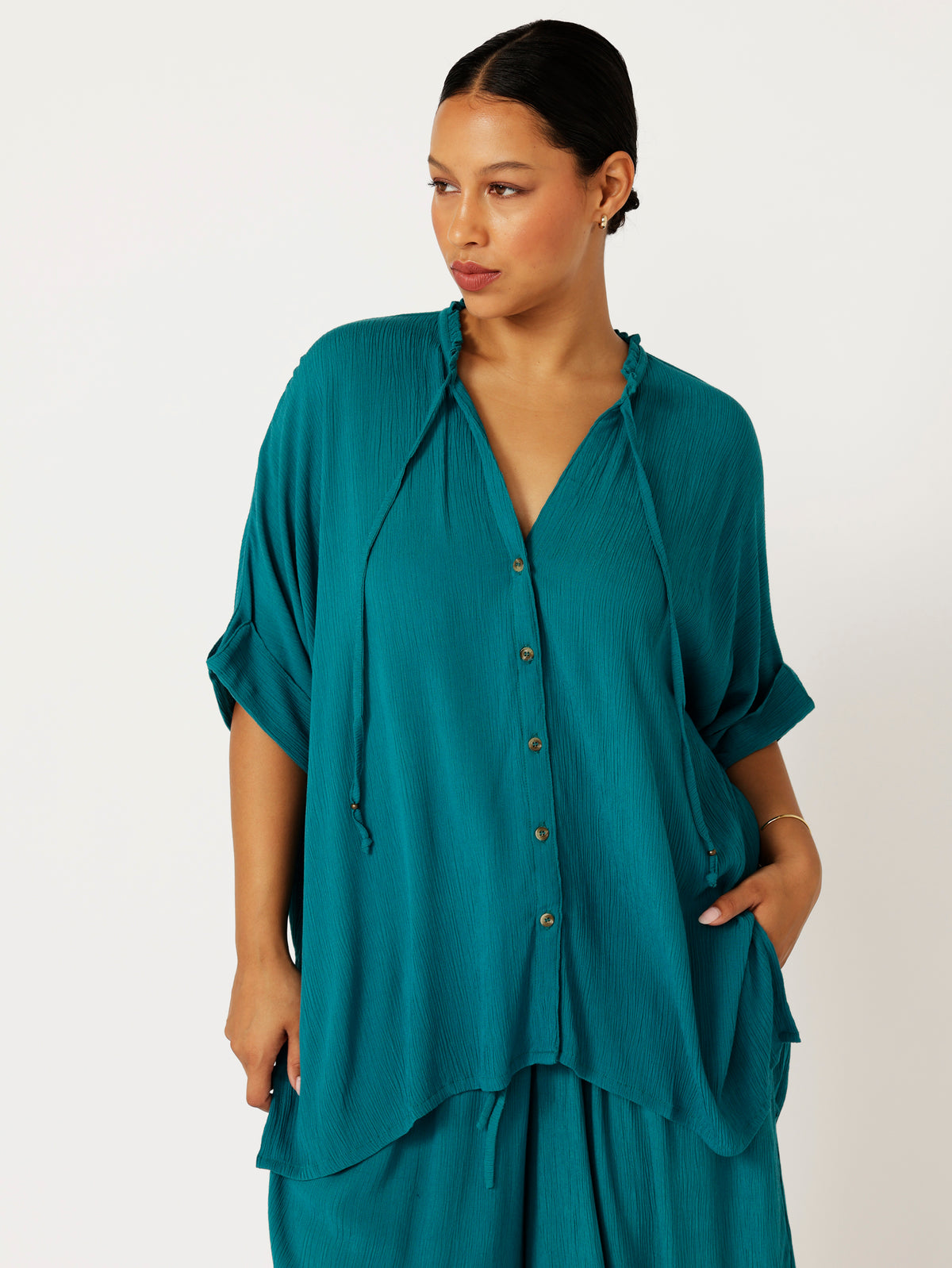 Madison Shirt with frill collar | Teal Crinkle - Saffron Road