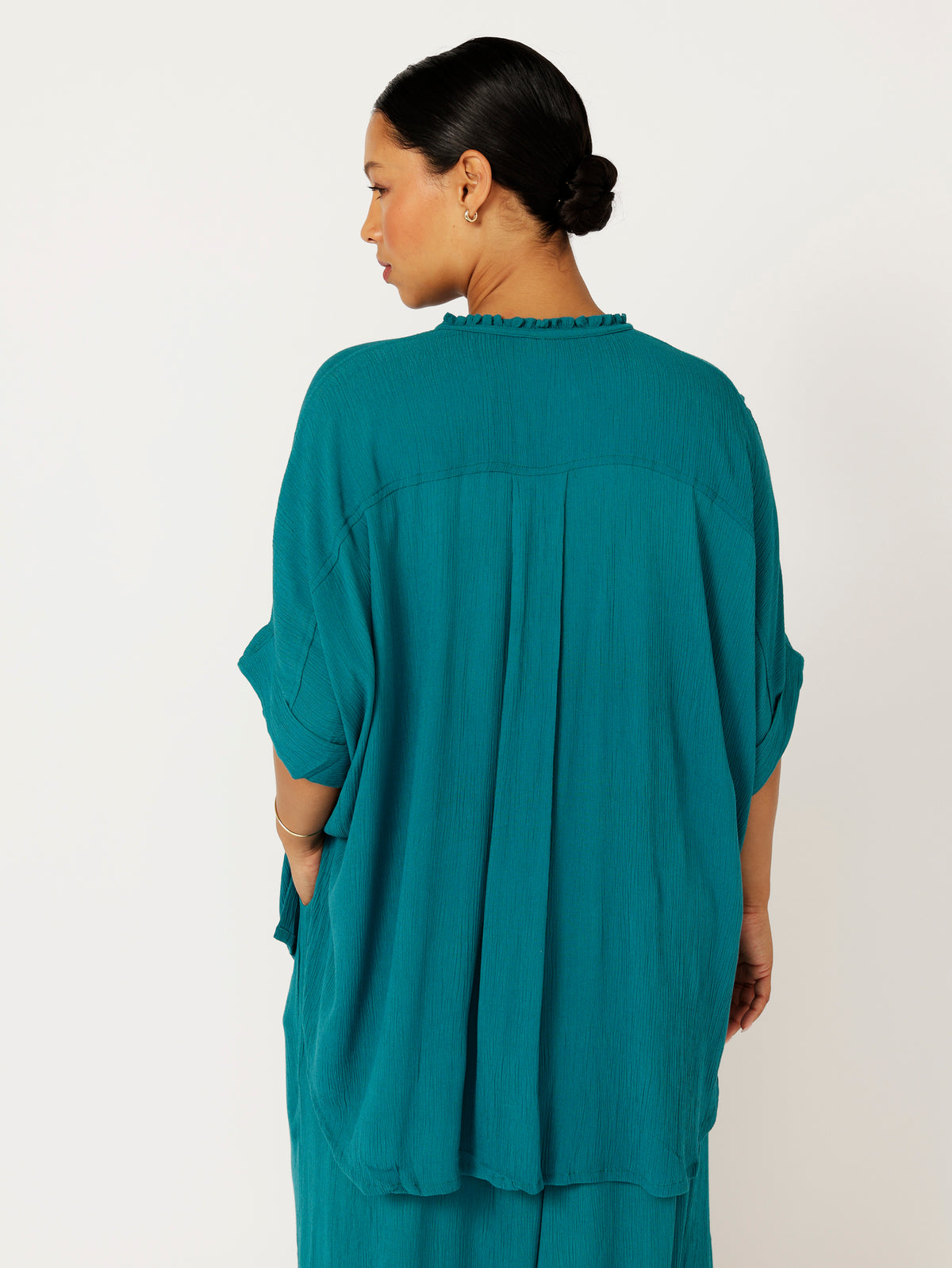 Madison Shirt with frill collar | Teal Crinkle - Saffron Road