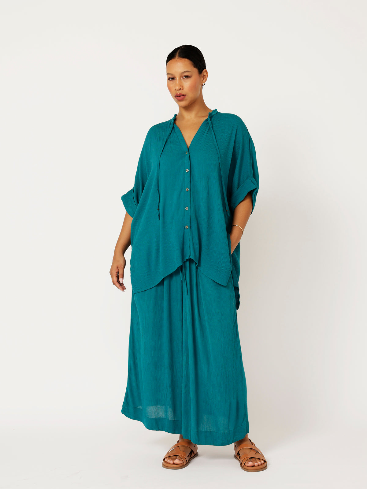 Madison Shirt with frill collar | Teal Crinkle - Saffron Road